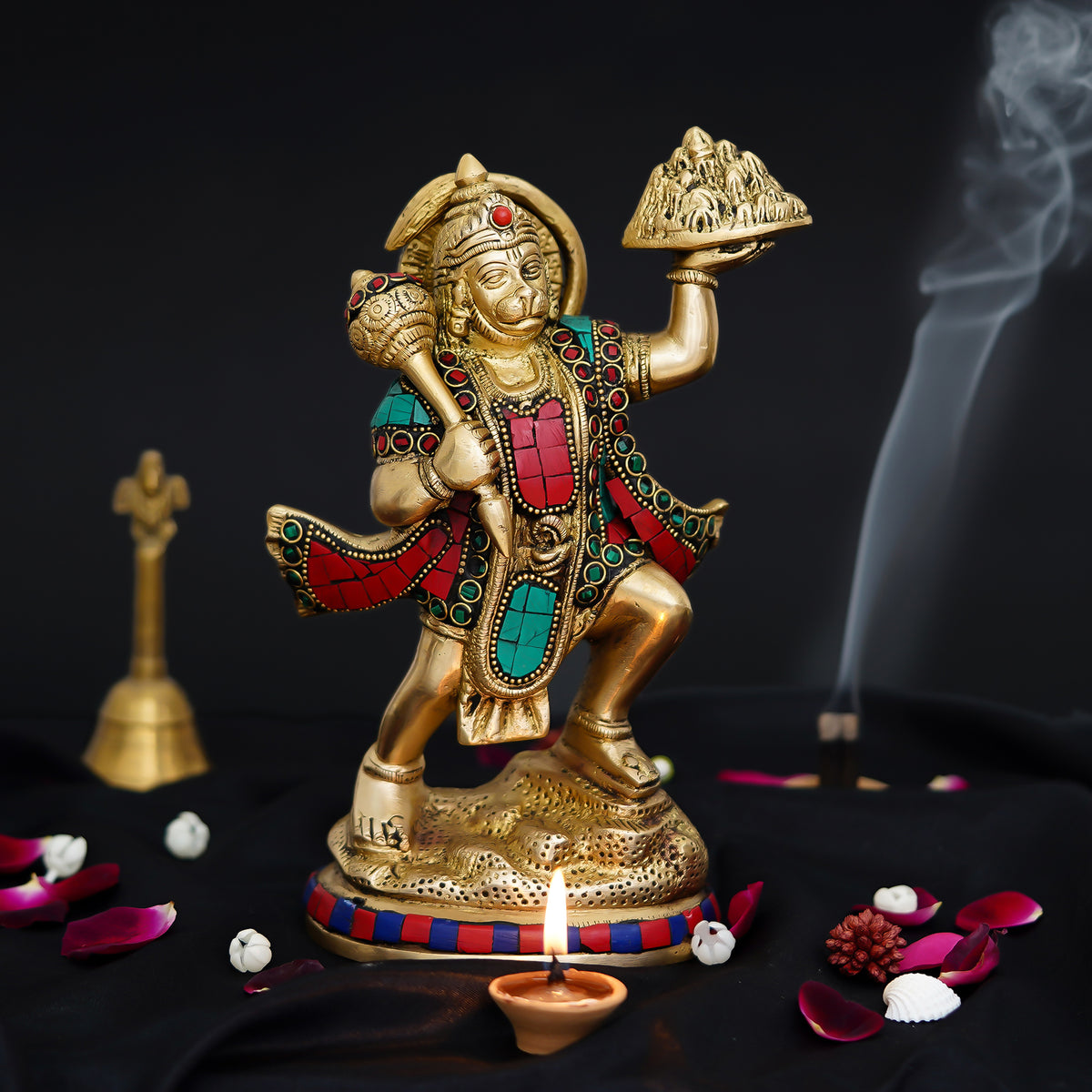 Colorful Lord Hanuman Carrying Sanjeevani Mountain Handcrafted Brass ...