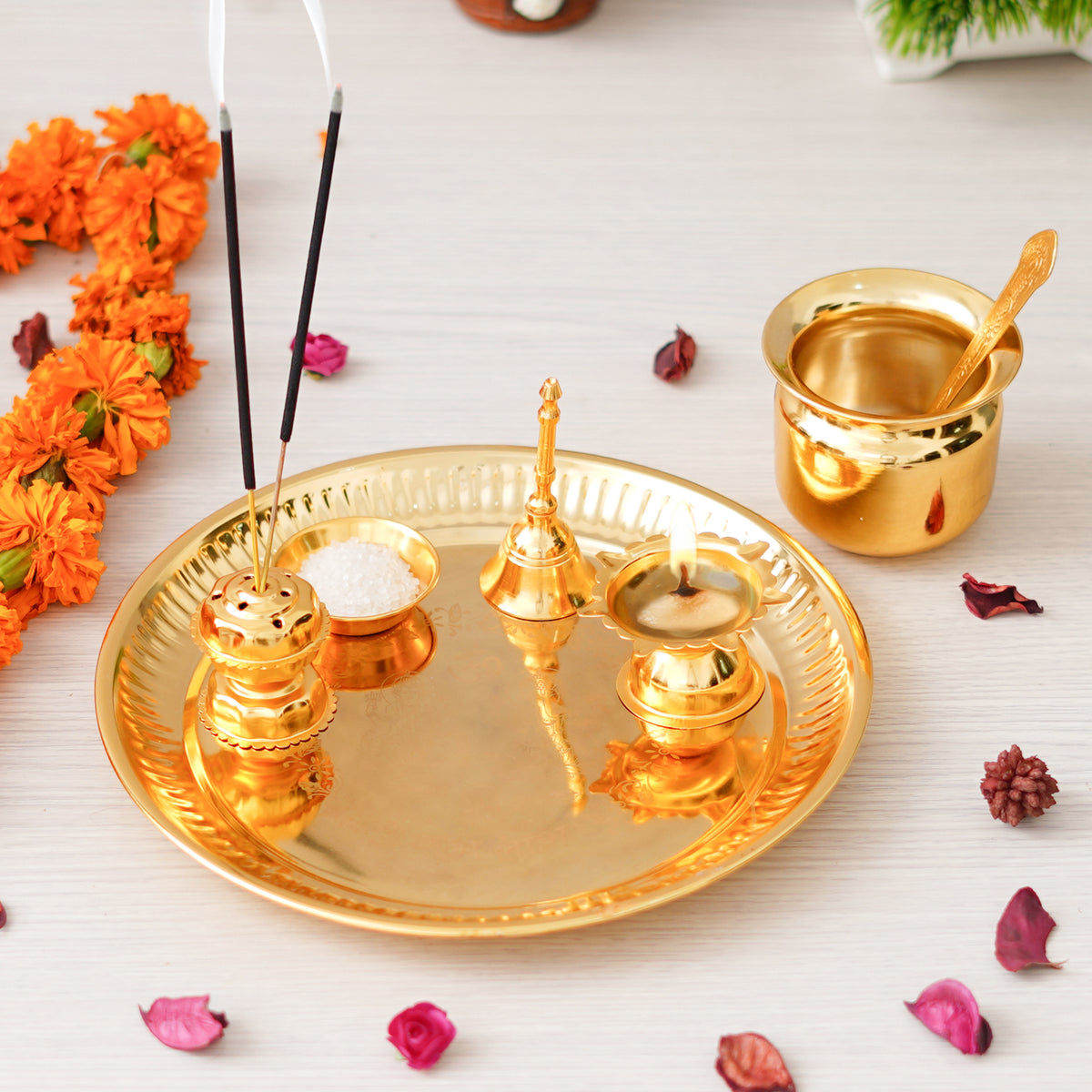 ECraftIndia Golden Pooja Thali Set With Diya, Ghanti, Kalash, Spoon, A