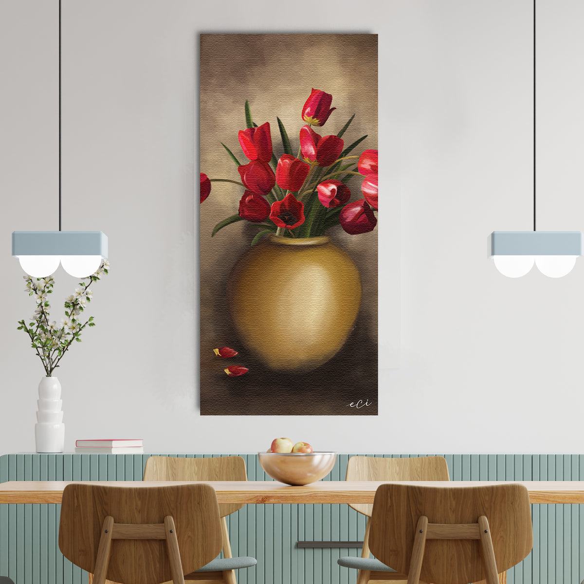 Beautiful Red Rose Flower Vase Original Design Canvas Printed Wall 