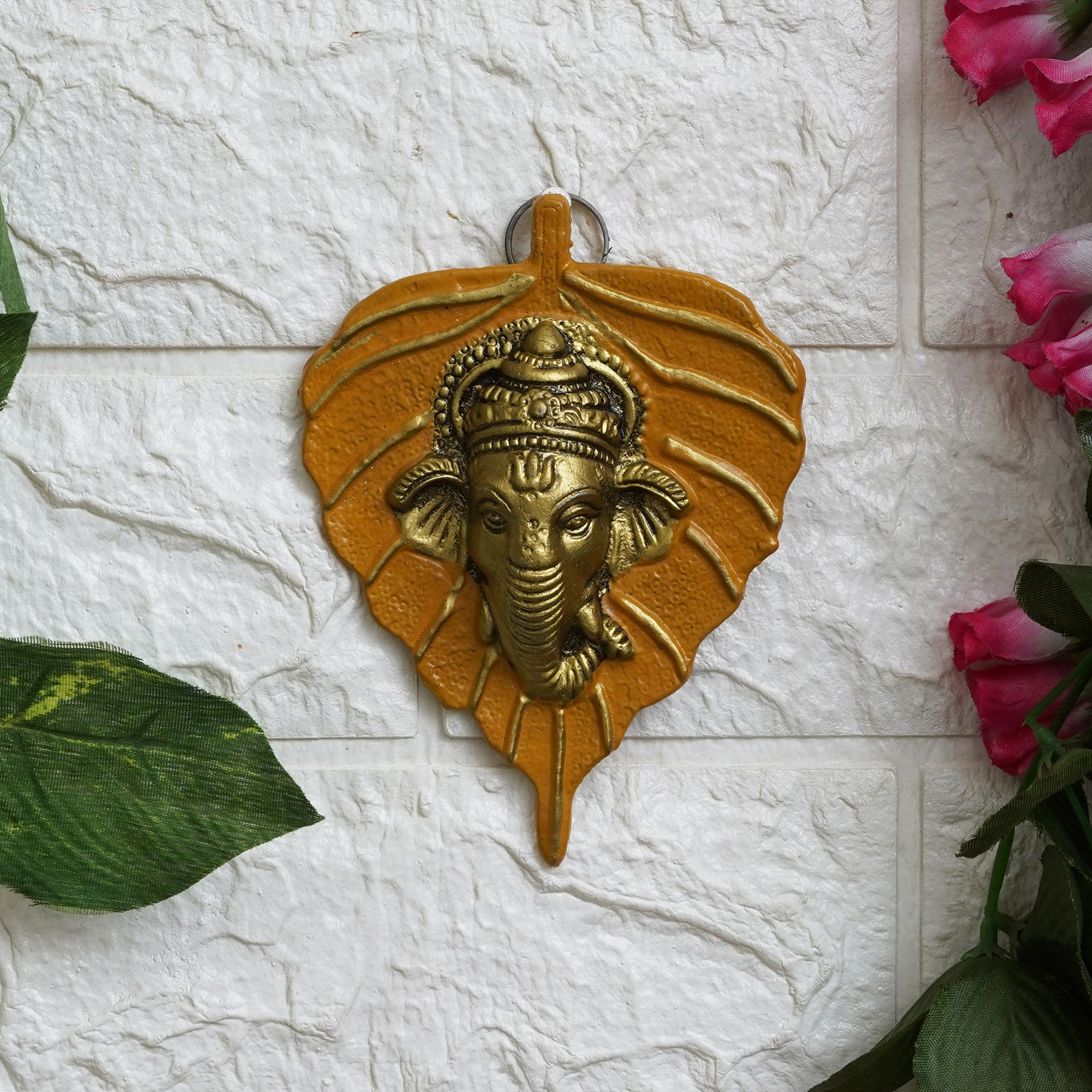 eCraftIndia White & Golden Lord Ganesha Face On Leaf Wall Hanging Decorative Showpiece 10