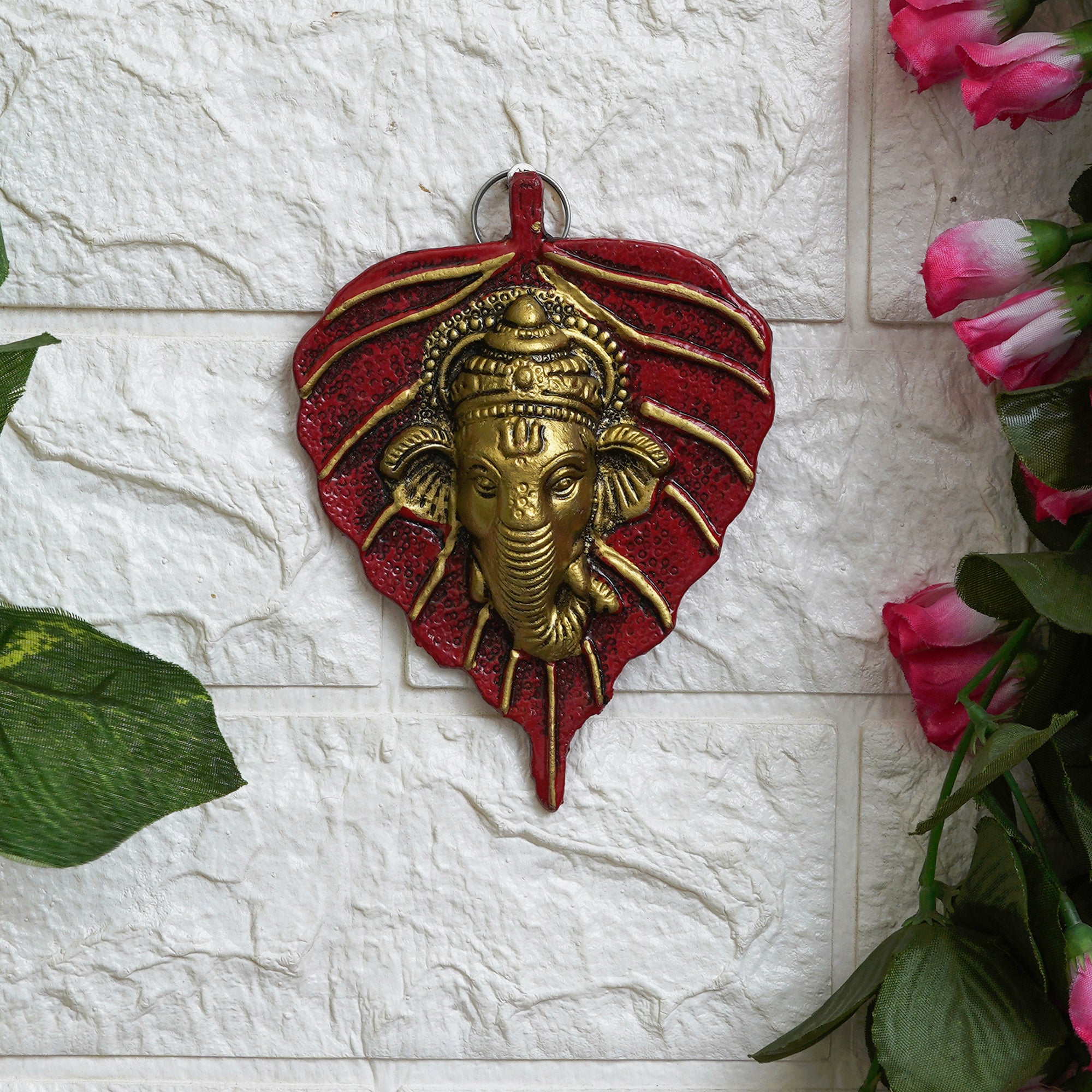 eCraftIndia White & Golden Lord Ganesha Face On Leaf Wall Hanging Decorative Showpiece 9