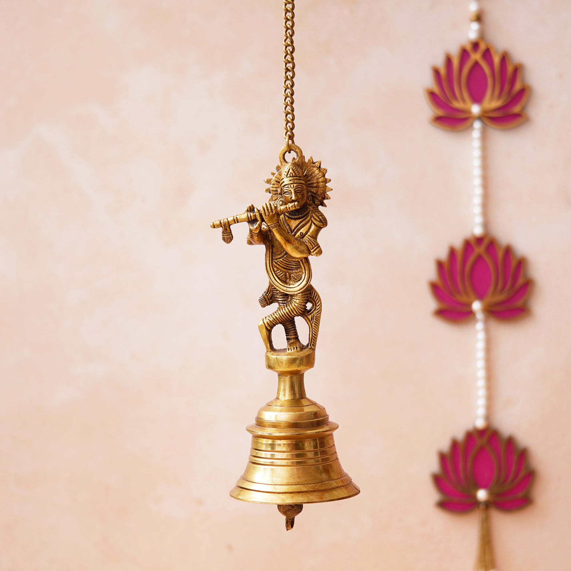 Golden Brass Lord Krishna Playing Flute Statue Hanging Bell with Chain