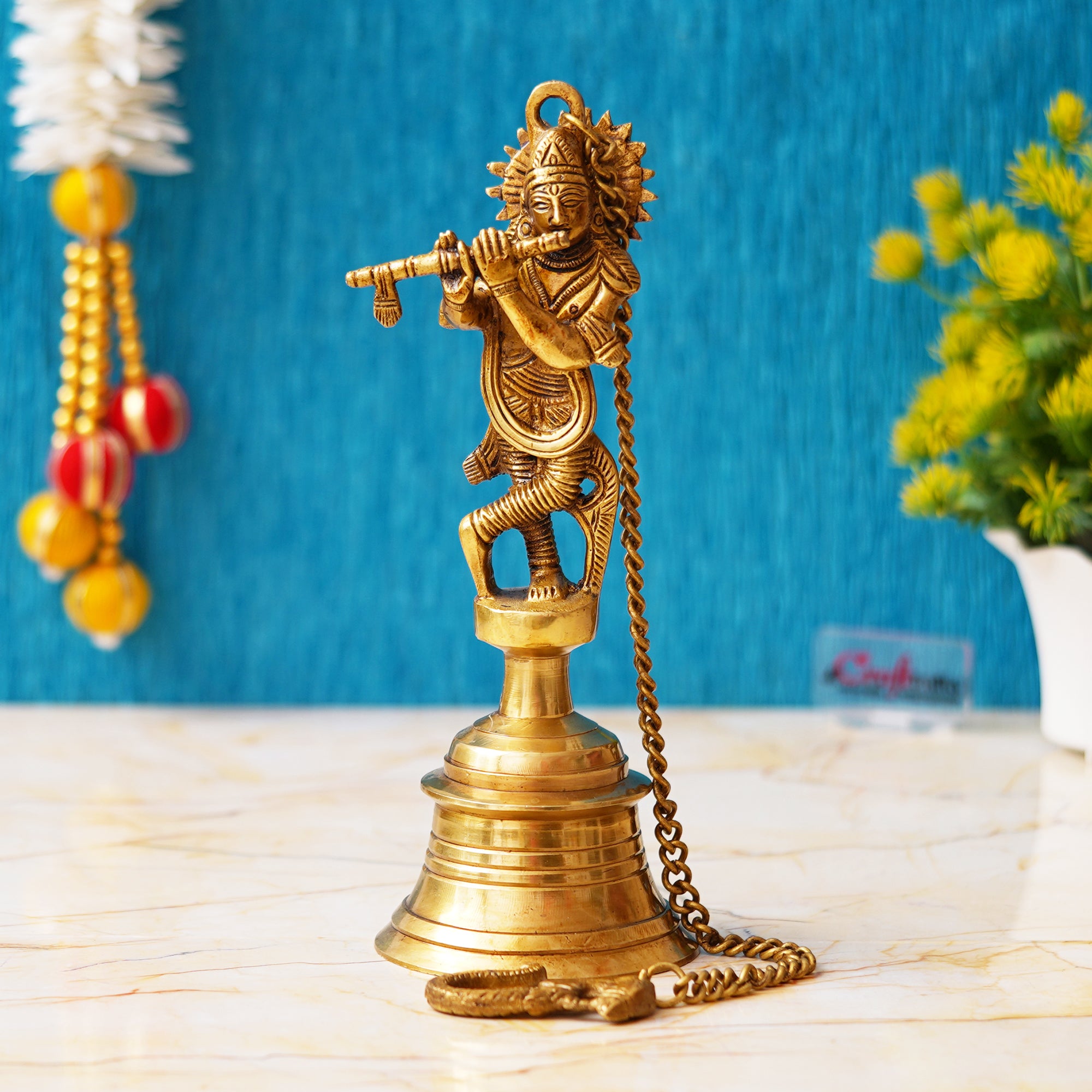 Golden Brass Lord Krishna Playing Flute Statue Hanging Bell with Chain 1