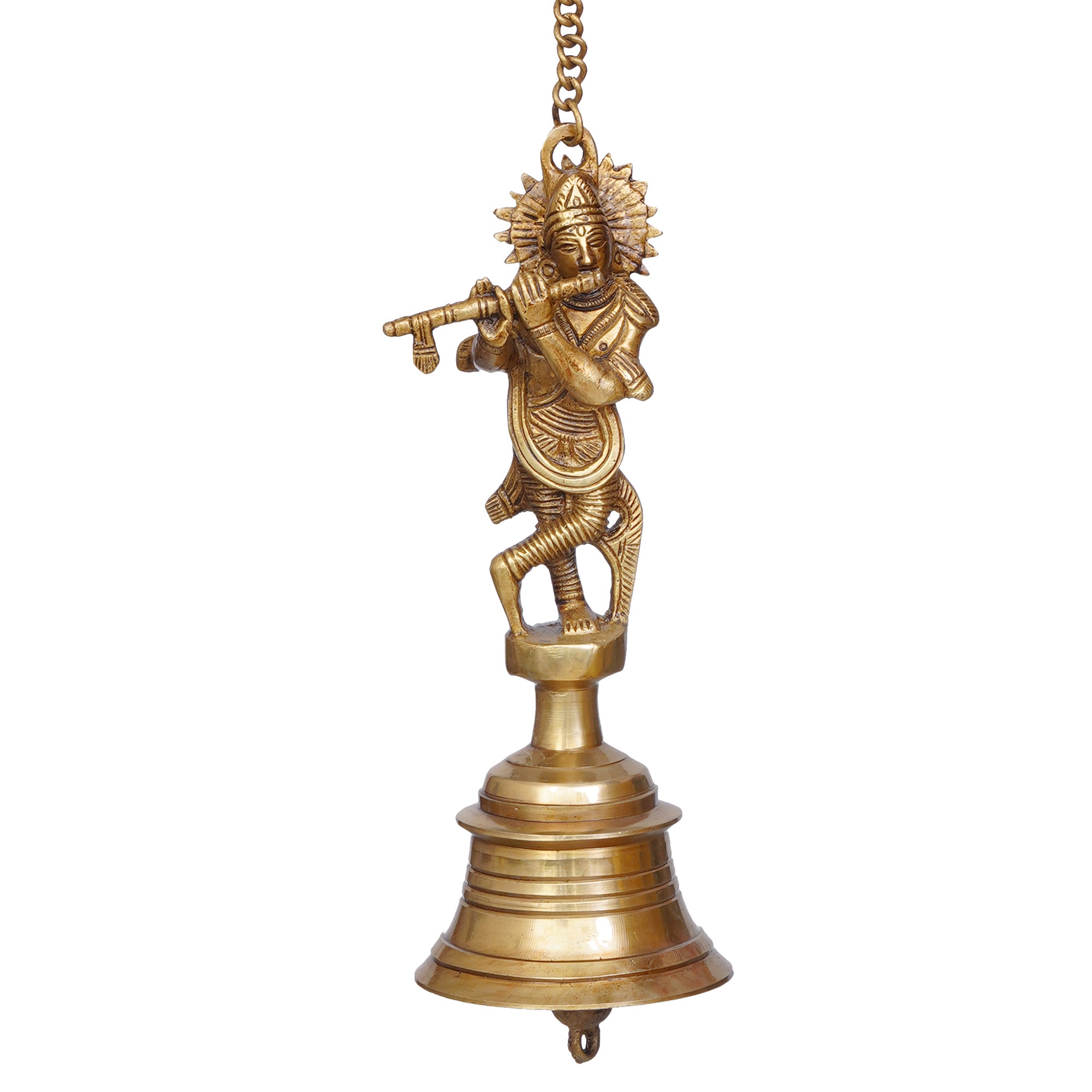 Golden Brass Lord Krishna Playing Flute Statue Hanging Bell with Chain 2