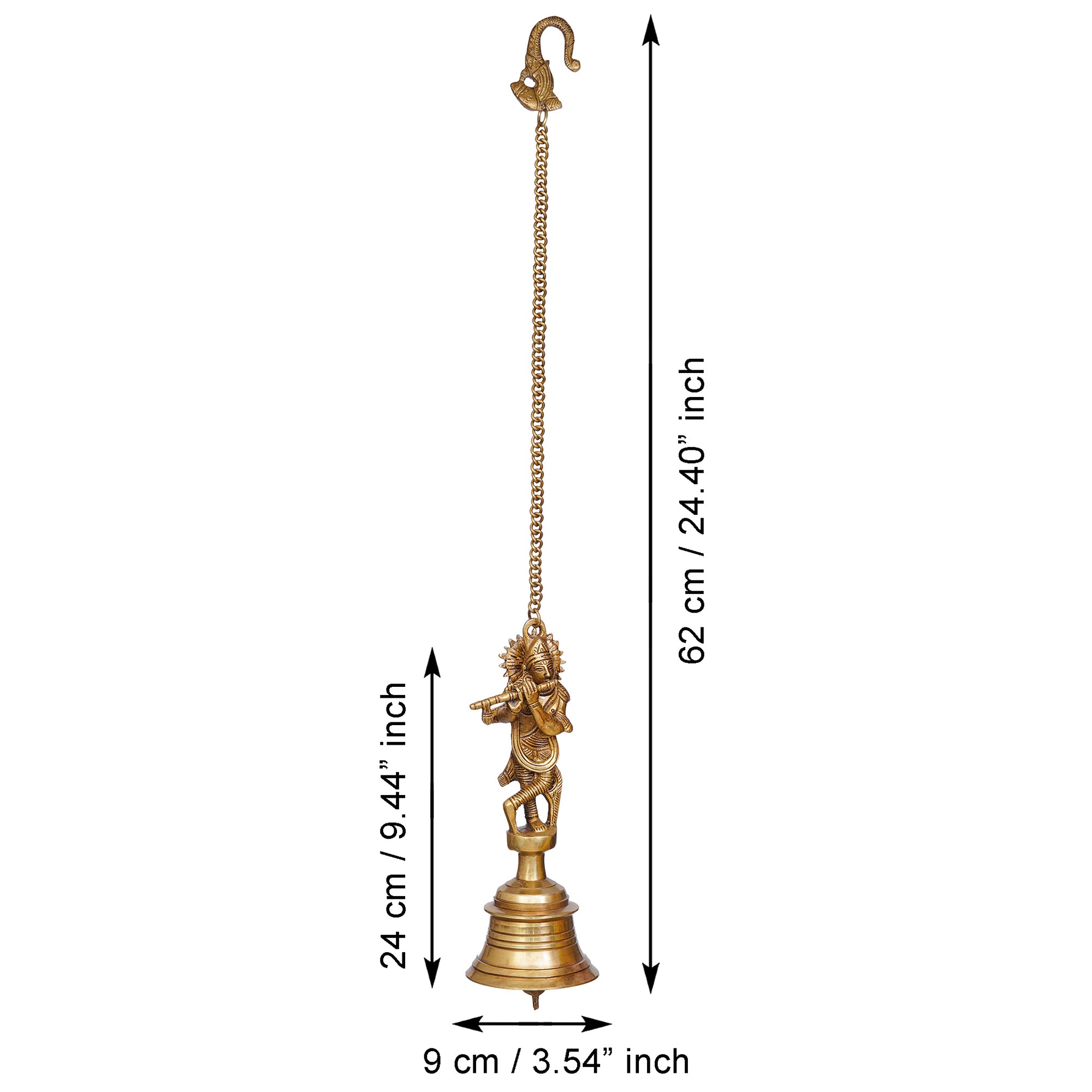 Golden Brass Lord Krishna Playing Flute Statue Hanging Bell with Chain 3