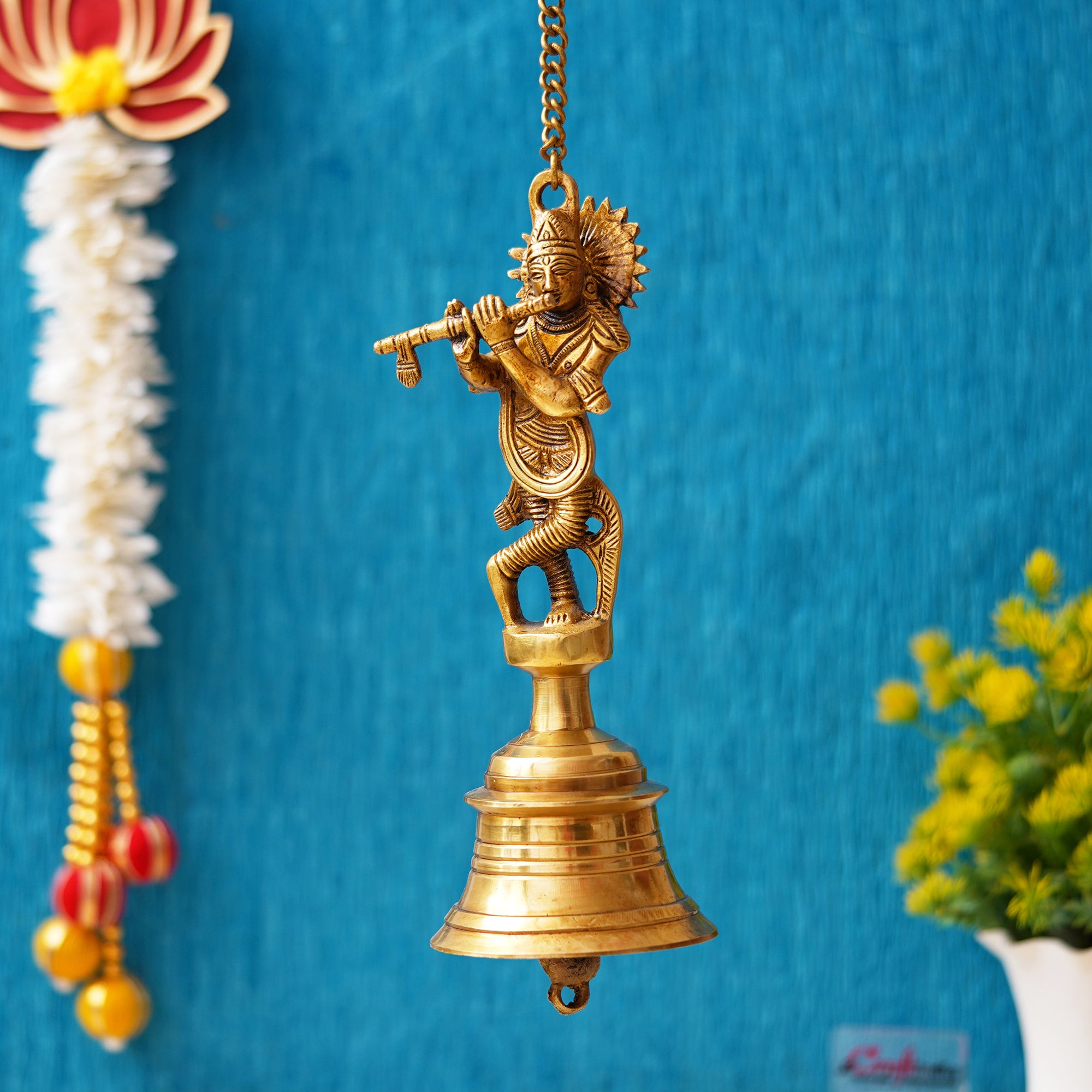 Golden Brass Lord Krishna Playing Flute Statue Hanging Bell with Chain 4