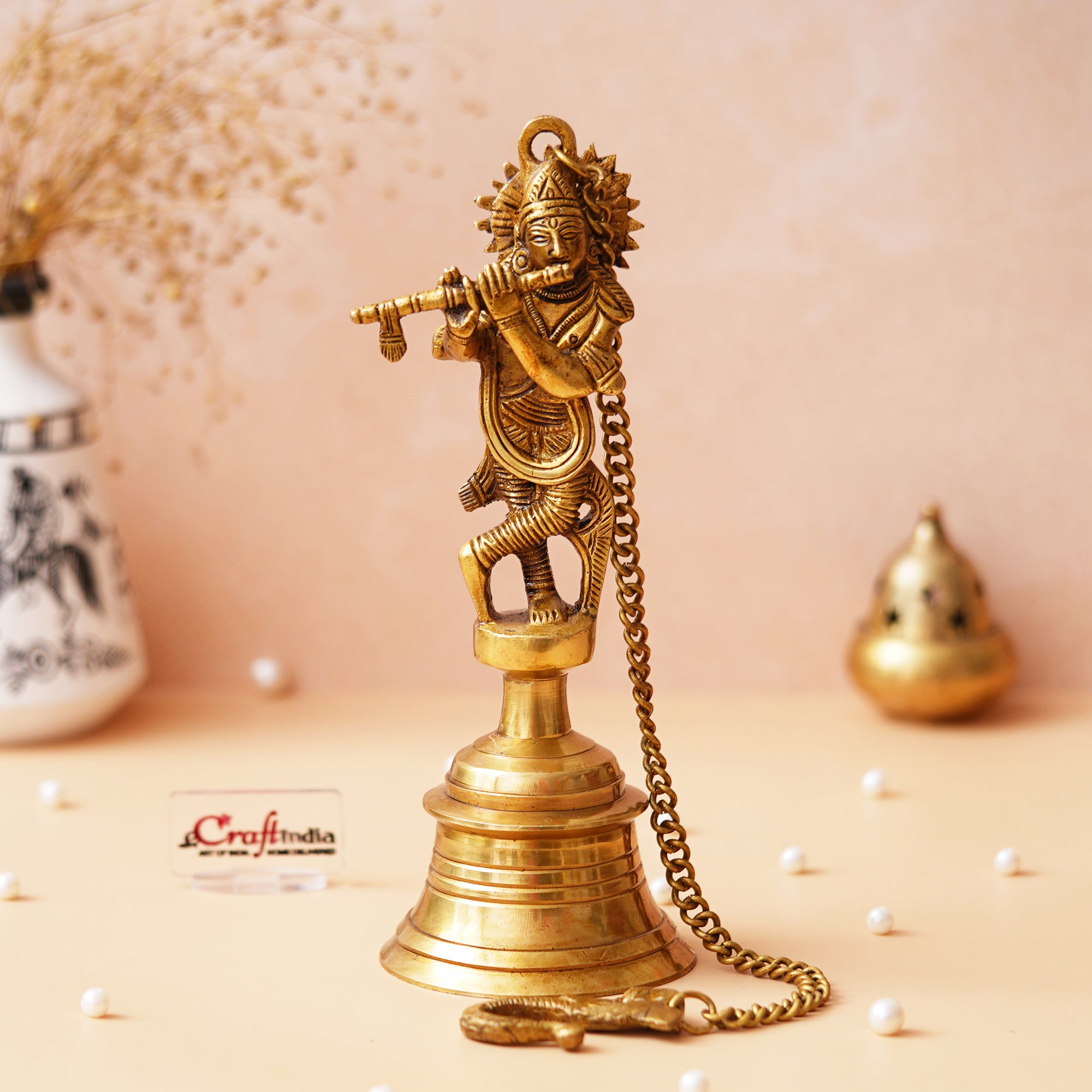 Golden Brass Lord Krishna Playing Flute Statue Hanging Bell with Chain 5