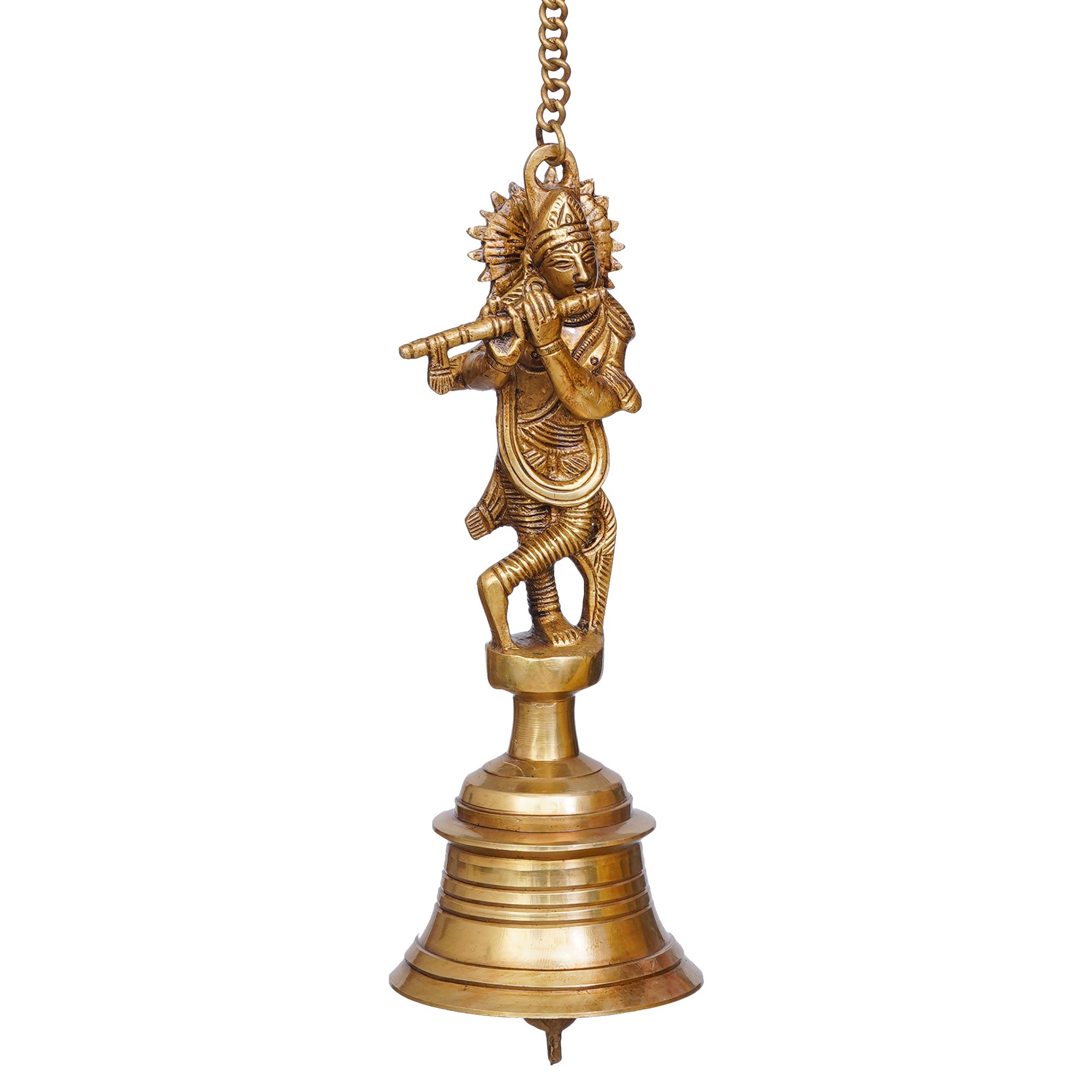 Golden Brass Lord Krishna Playing Flute Statue Hanging Bell with Chain 6