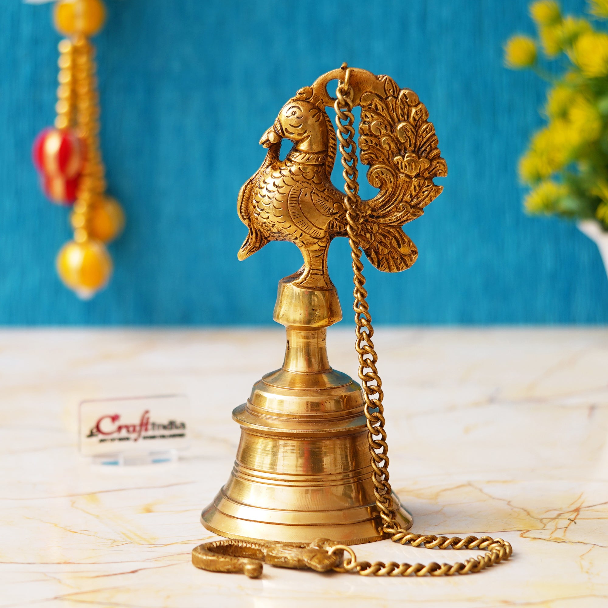 Golden Brass Peacock Statue Hanging Bell with Chain for Home Temple 1