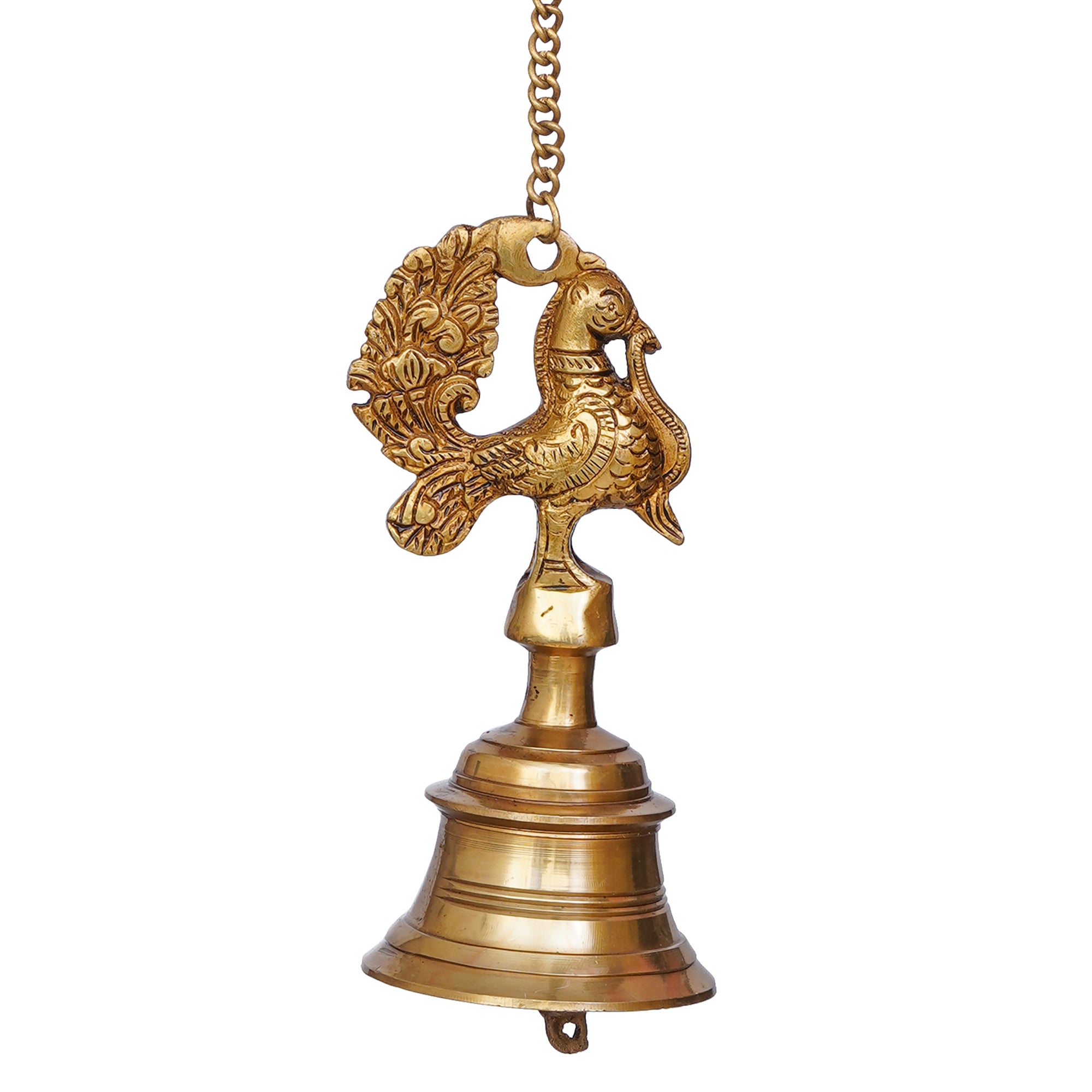 Golden Brass Peacock Statue Hanging Bell with Chain for Home Temple 2