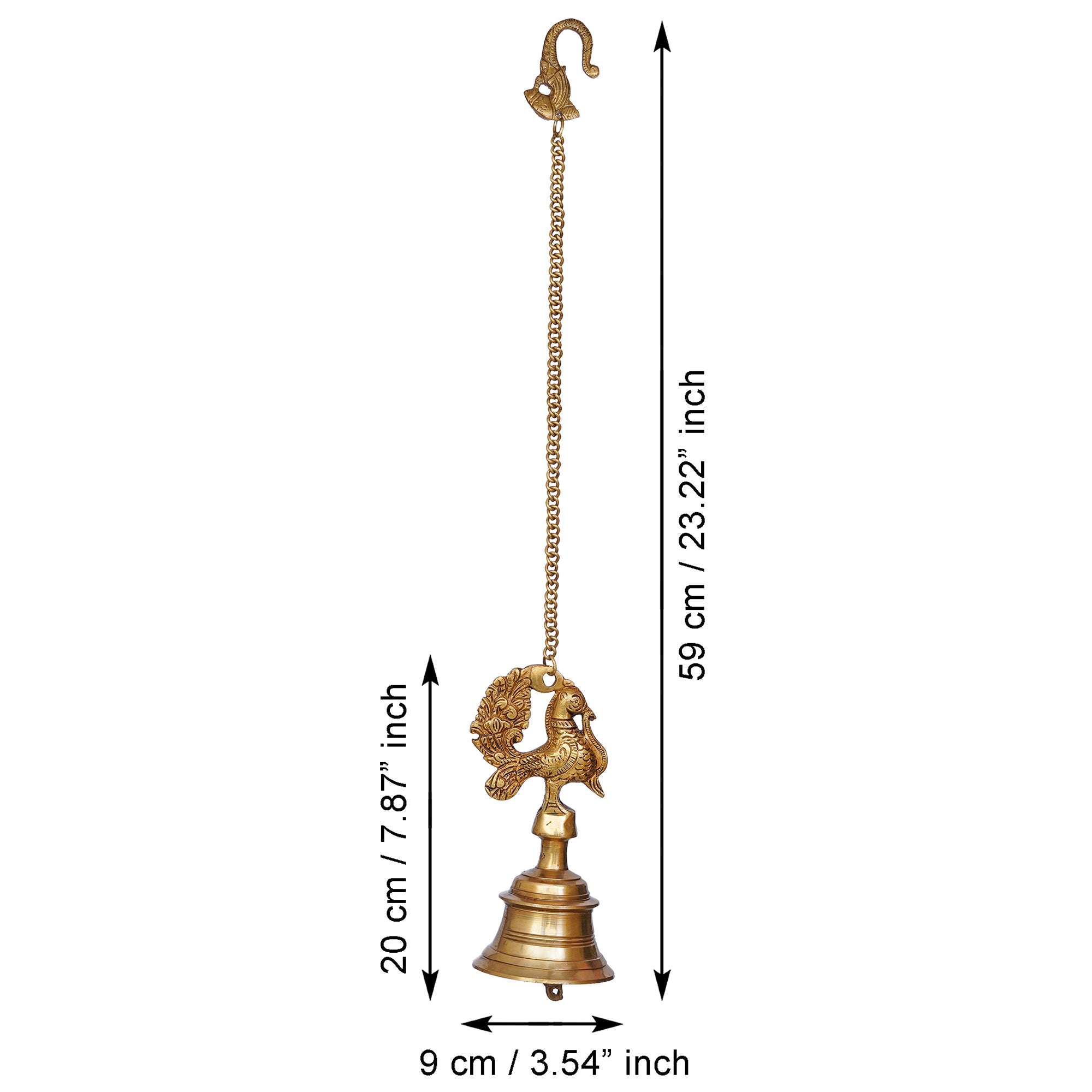 Golden Brass Peacock Statue Hanging Bell with Chain for Home Temple 3