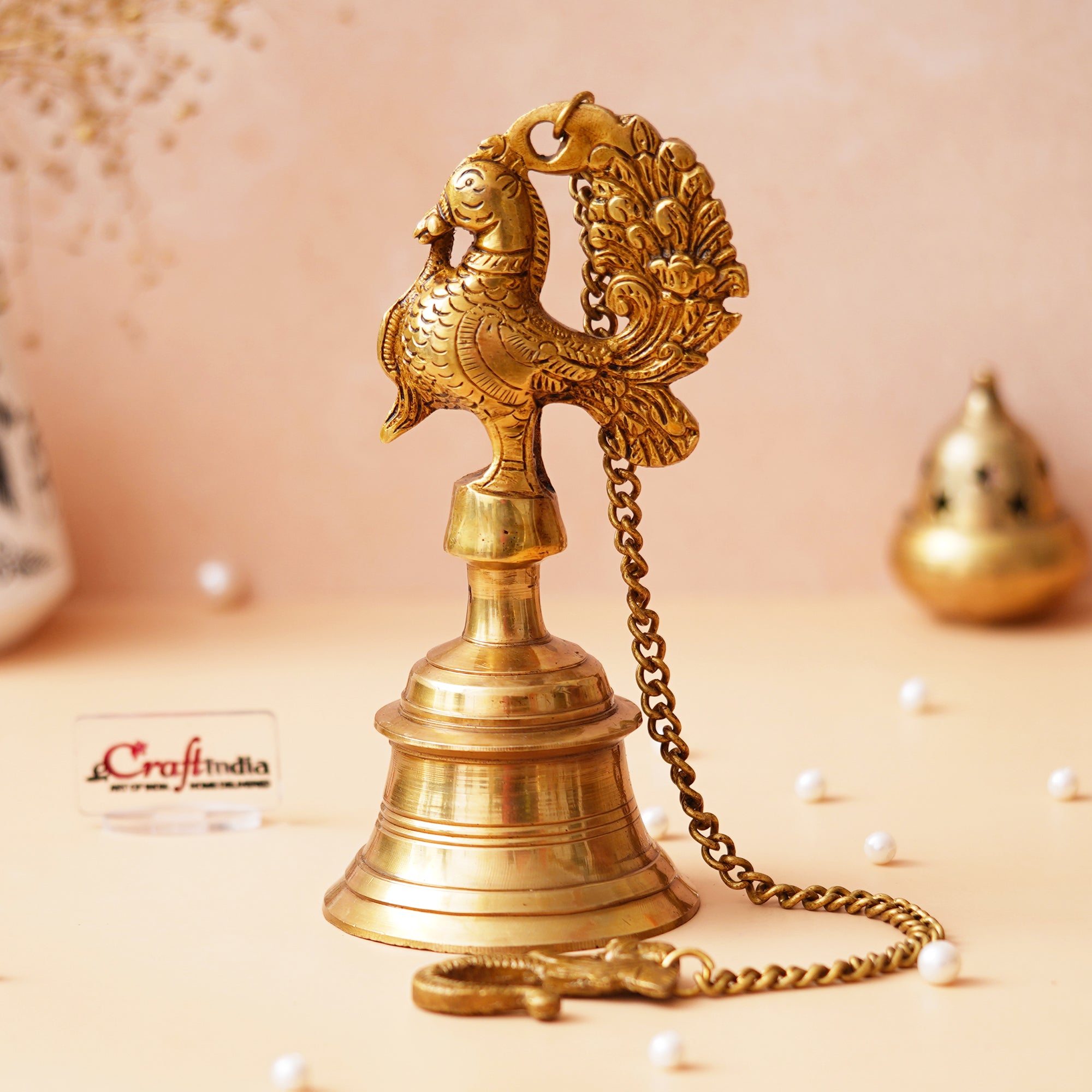 Golden Brass Peacock Statue Hanging Bell with Chain for Home Temple 4