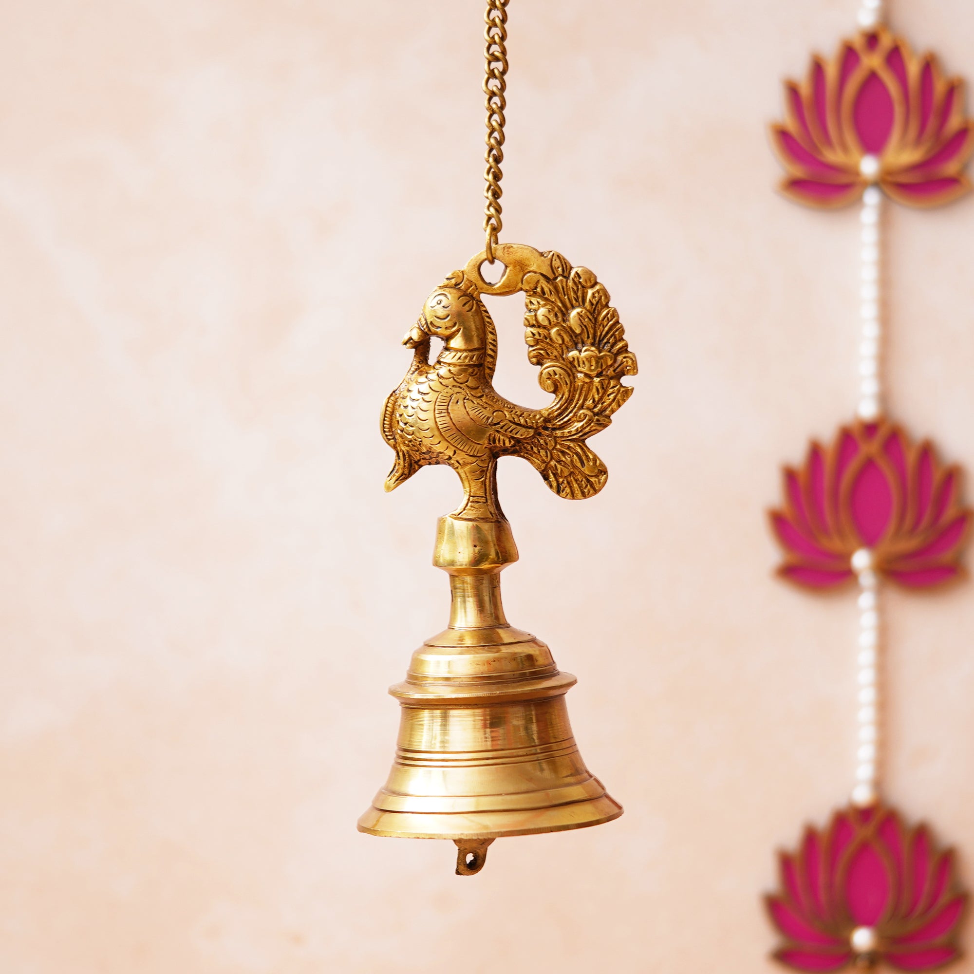 Golden Brass Peacock Statue Hanging Bell with Chain for Home Temple 5