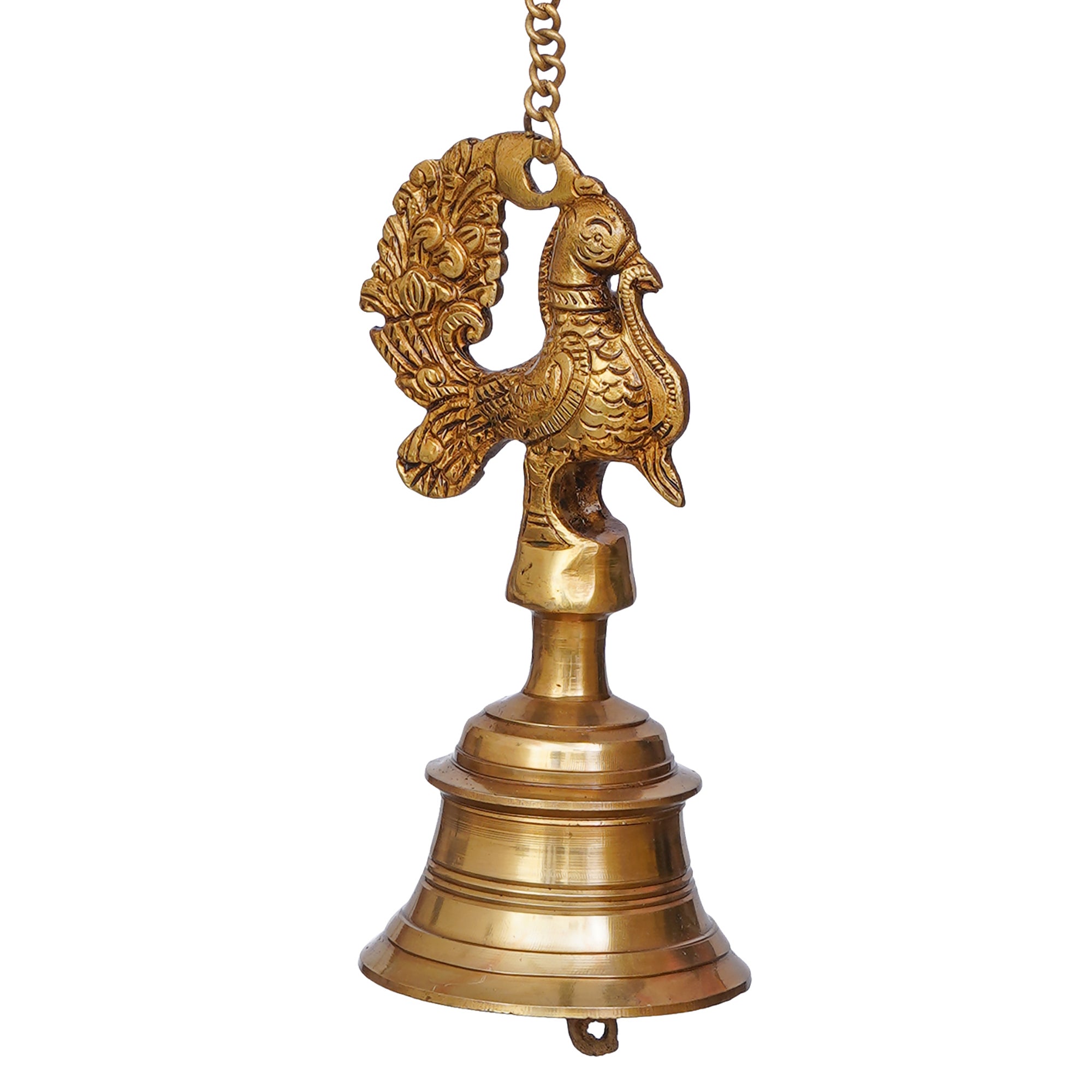 Golden Brass Peacock Statue Hanging Bell with Chain for Home Temple 6