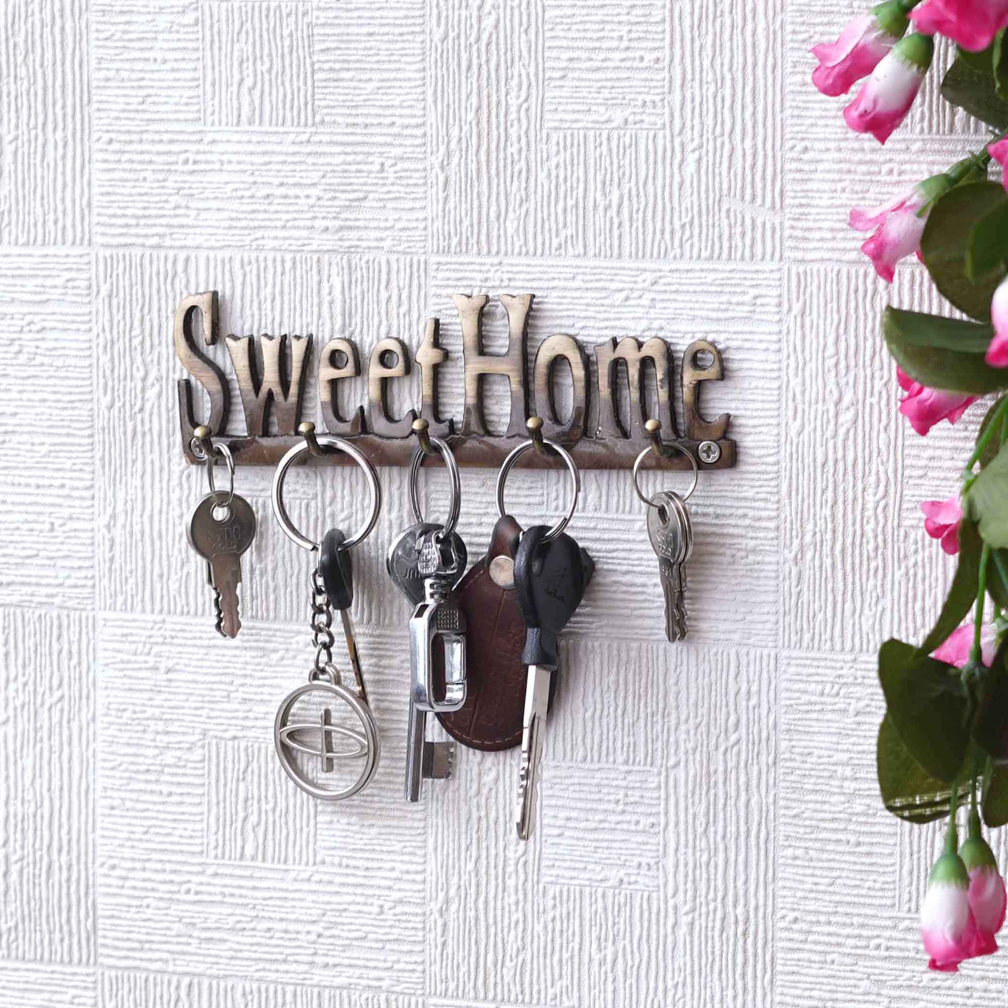 Golden Brass "Sweet Home" Designer Key Holder with 5 Hooks for Home, Office 4