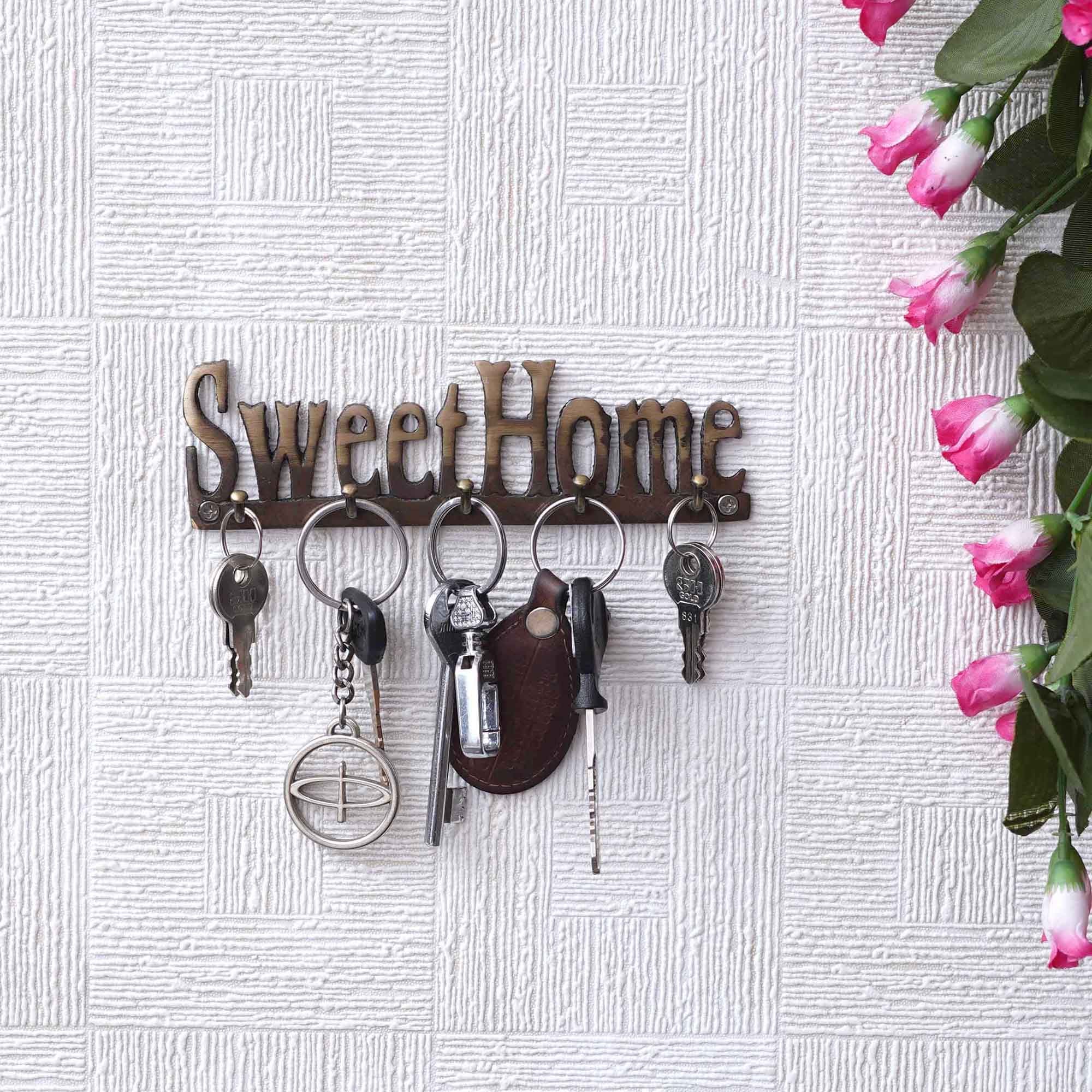 Golden Brass "Sweet Home" Designer Key Holder with 5 Hooks for Home, Office 5