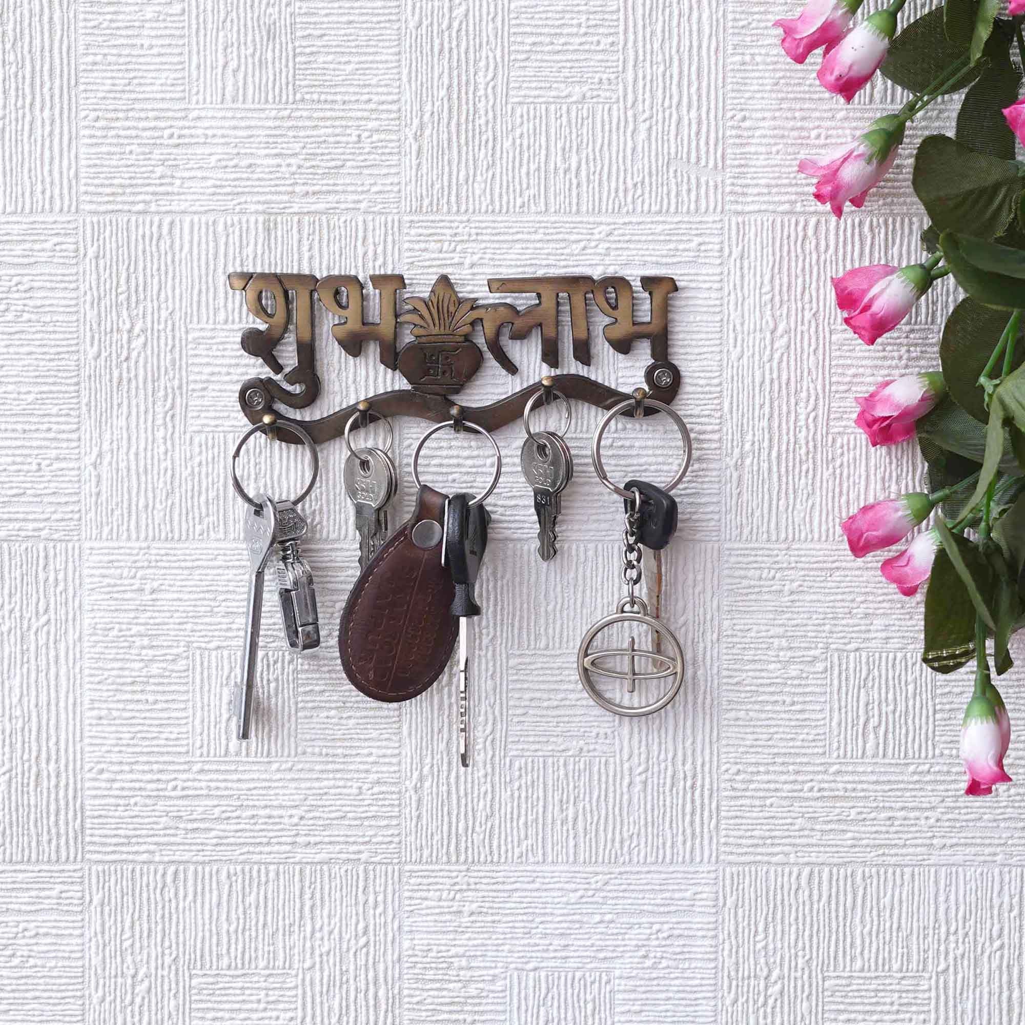 Golden Brass "Shubh Labh with Kalash" Designer Key Holder with 5 Hooks for Home, Office 4