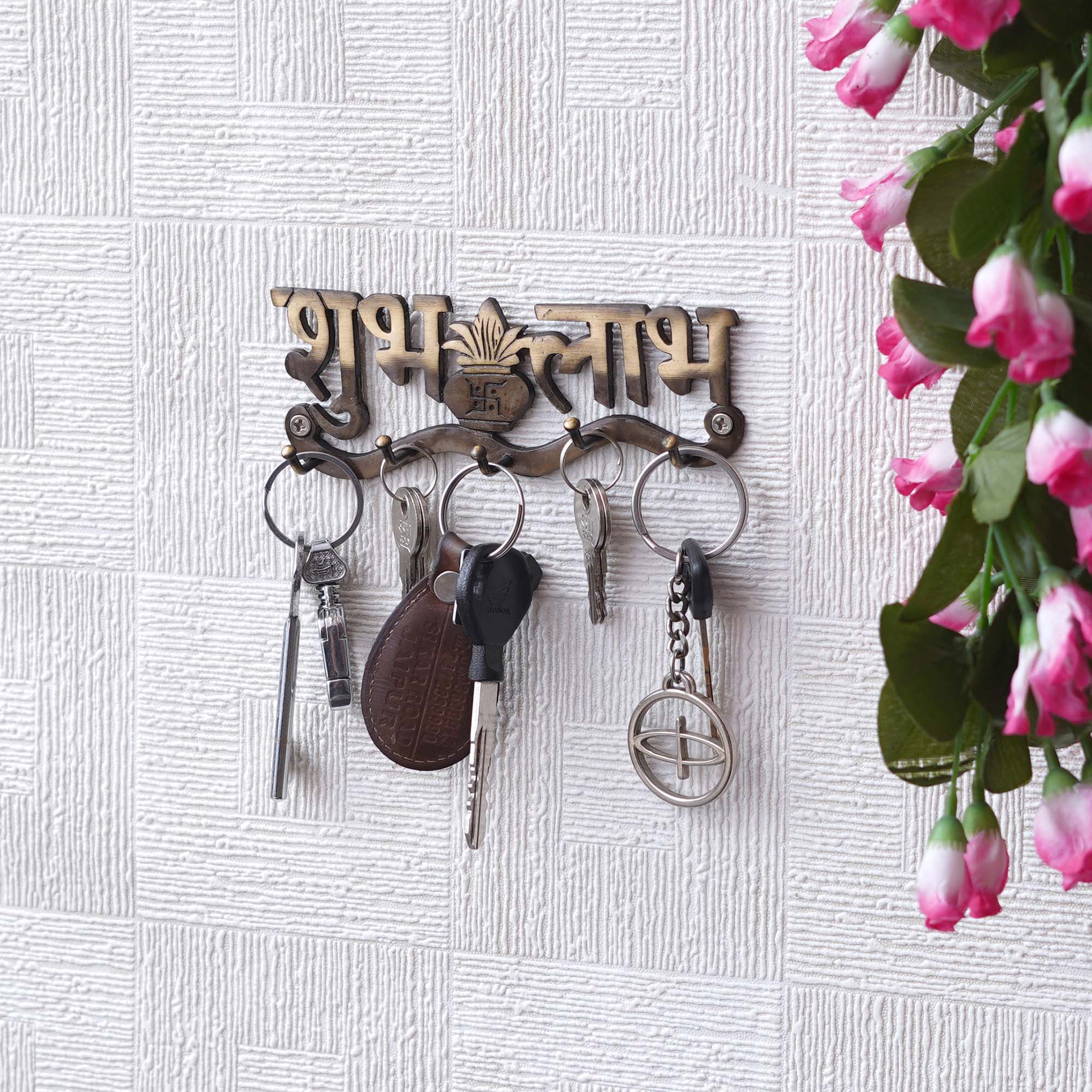 Golden Brass "Shubh Labh with Kalash" Designer Key Holder with 5 Hooks for Home, Office 5