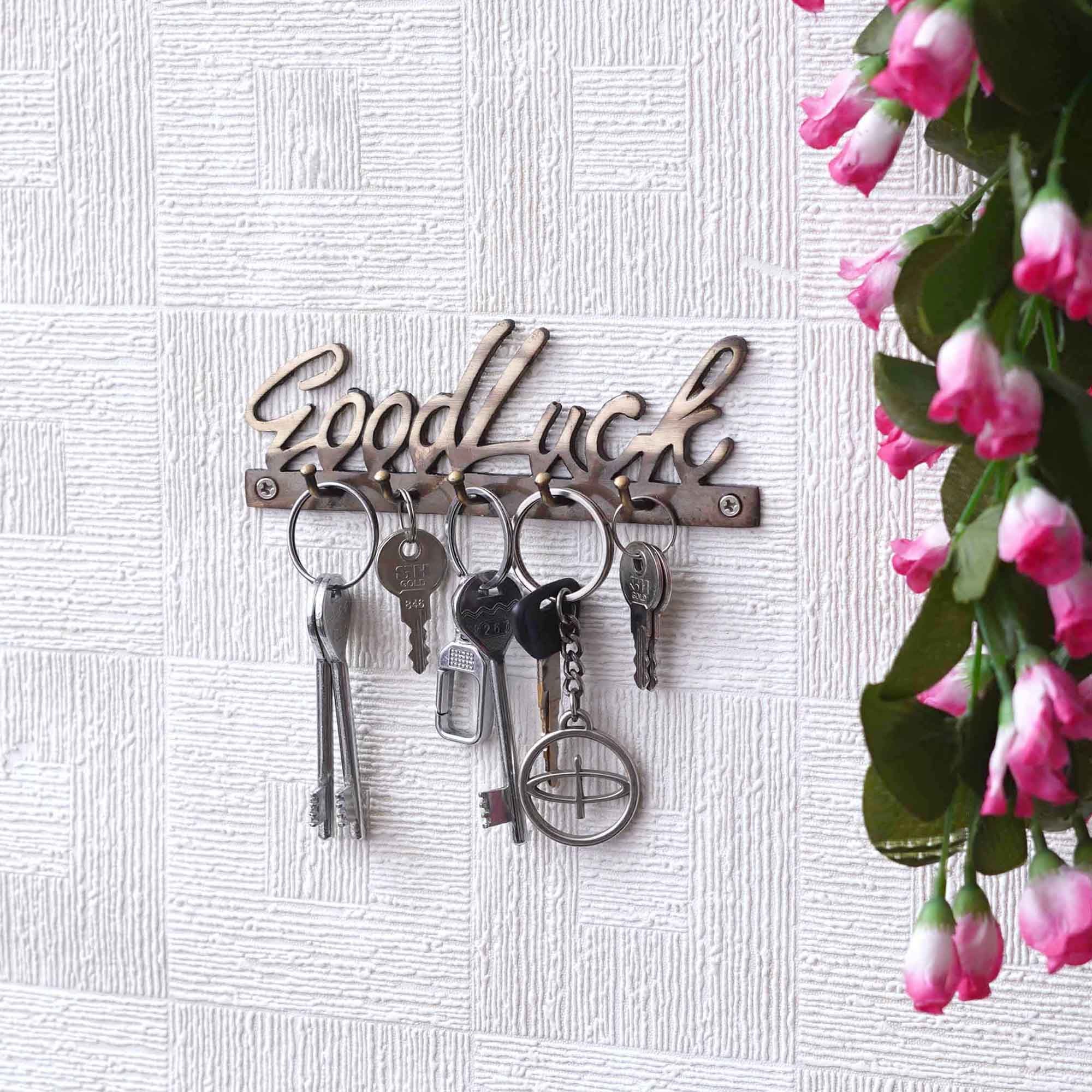 Golden Brass "Good Luck" Designer Key Holder with 5 Hooks for Home, Office 4