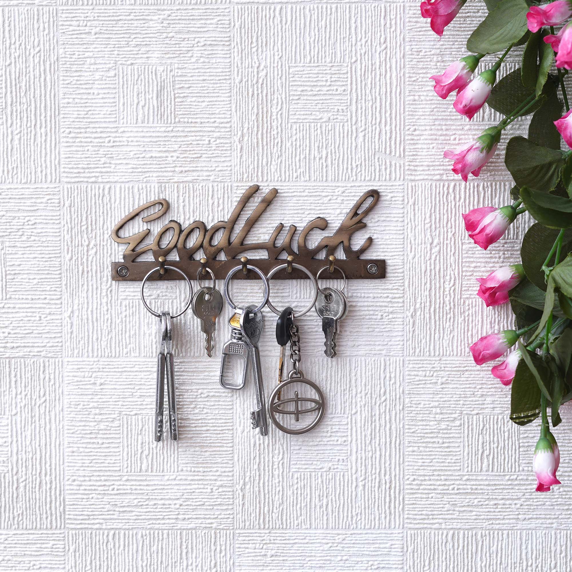 Golden Brass "Good Luck" Designer Key Holder with 5 Hooks for Home, Office 5