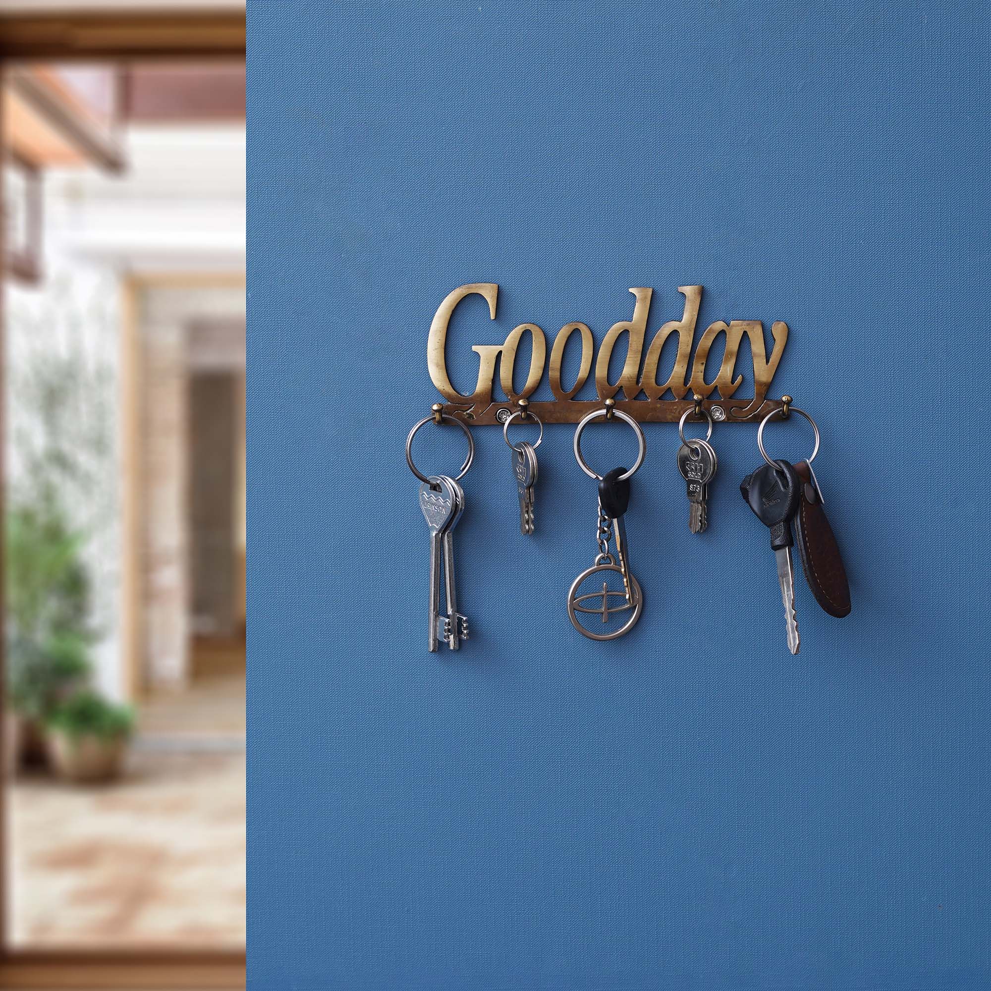 Golden Brass "Good Day" Designer Key Holder with 5 Hooks for Home, Office 1