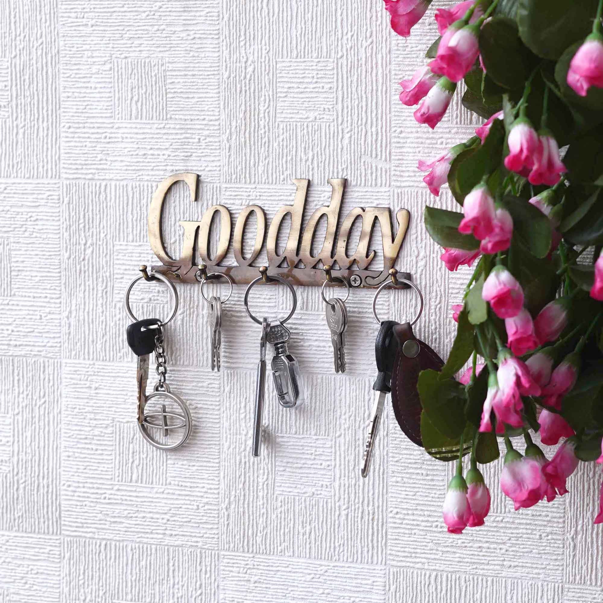 Golden Brass "Good Day" Designer Key Holder with 5 Hooks for Home, Office 4