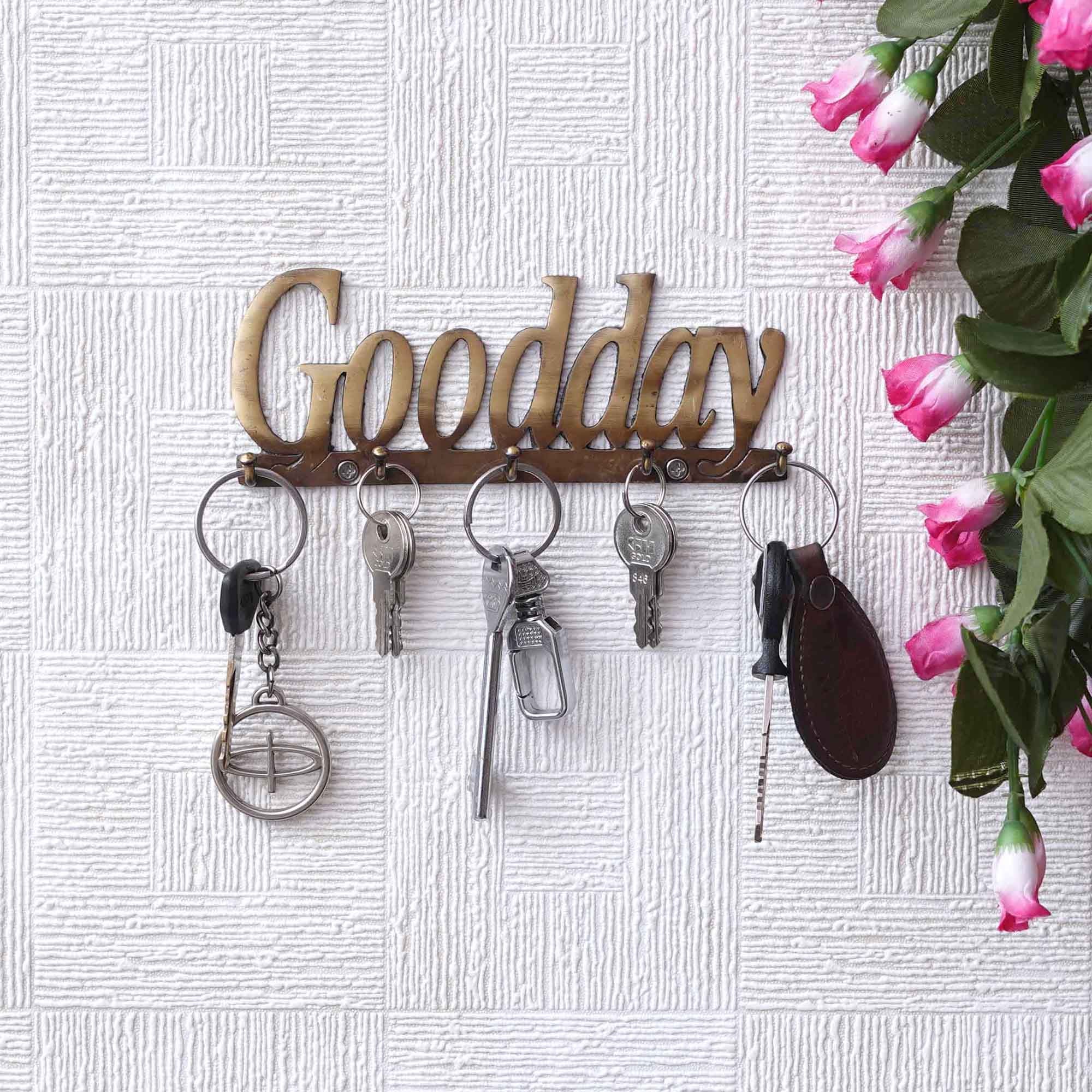 Golden Brass "Good Day" Designer Key Holder with 5 Hooks for Home, Office 5