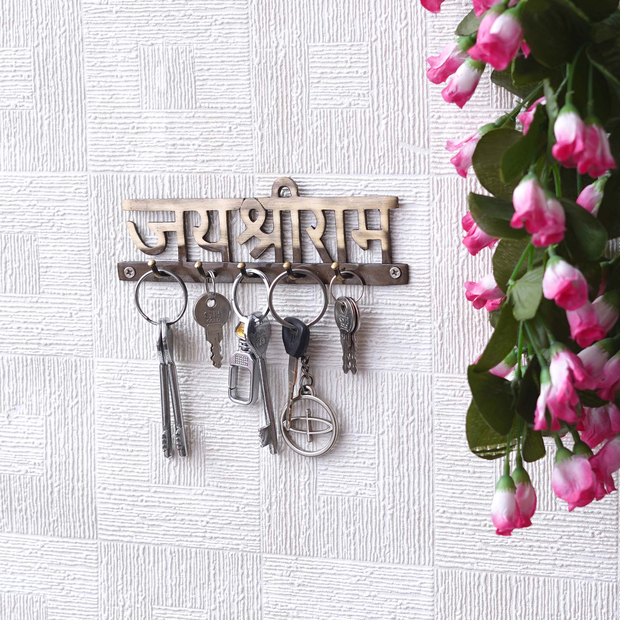 Golden Brass "Jay Shri Ram" Designer Key Holder with 5 Hooks for Home, Office 4