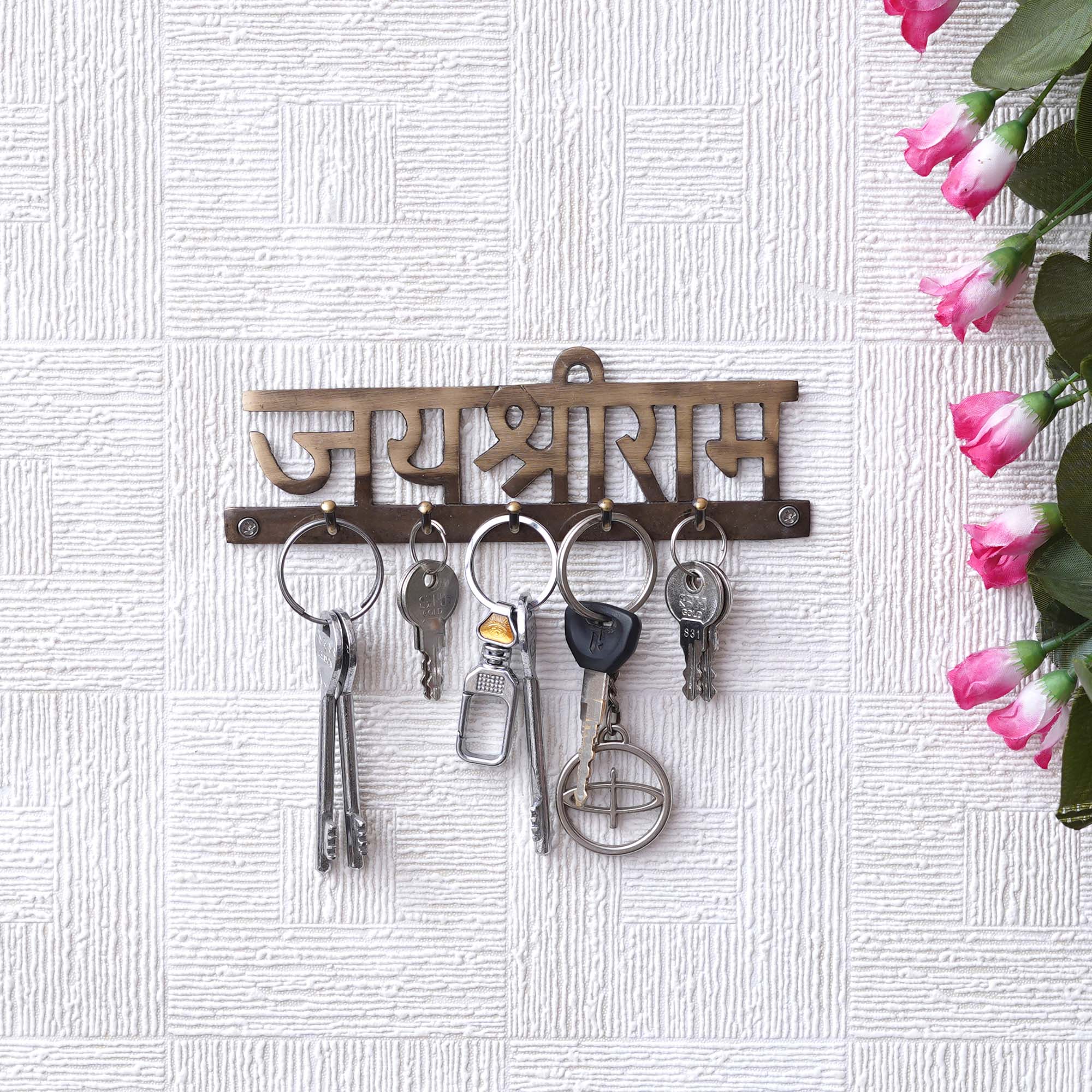 Golden Brass "Jay Shri Ram" Designer Key Holder with 5 Hooks for Home, Office 5