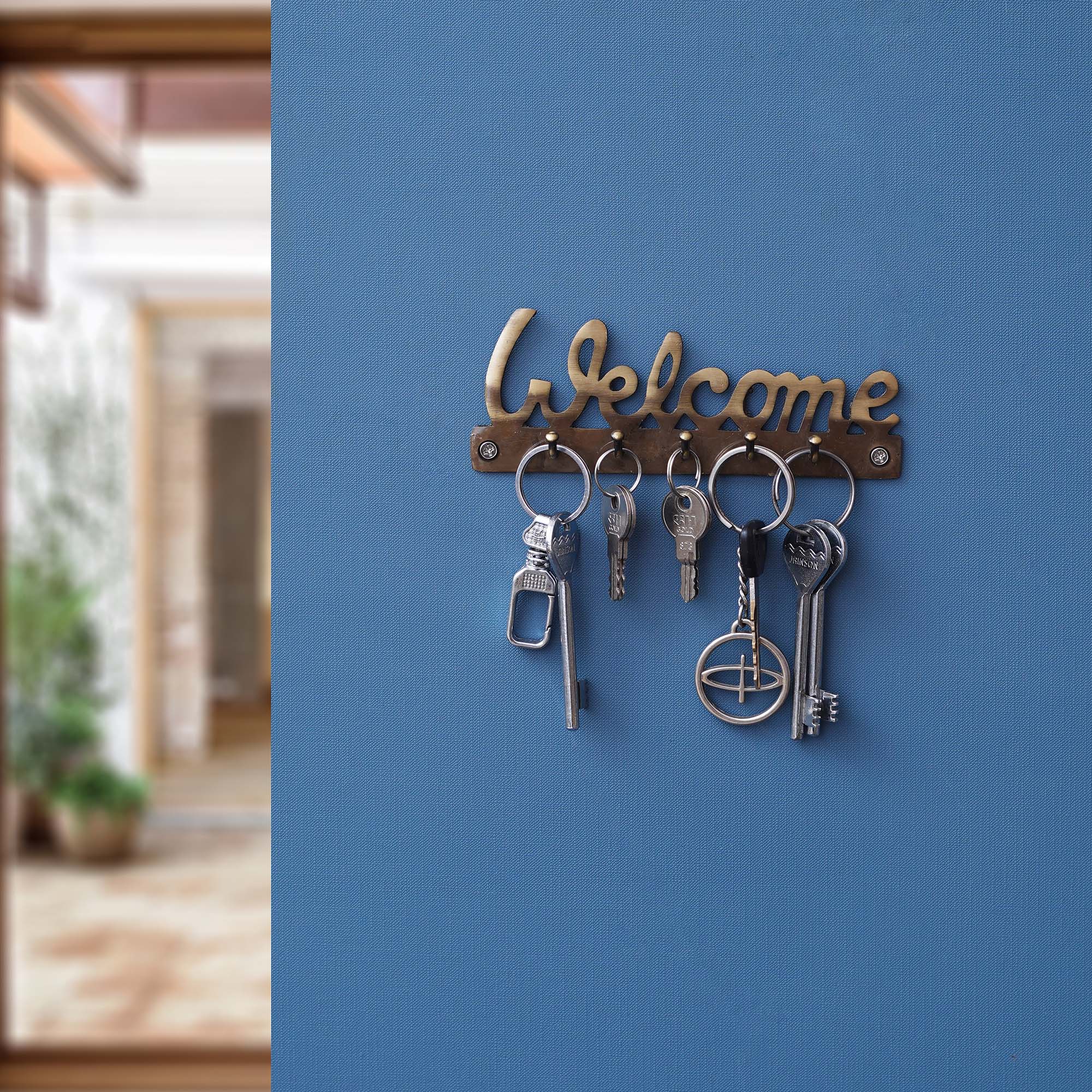 Golden Brass "Welcome" Designer Key Holder with 5 Hooks for Home and Office 1