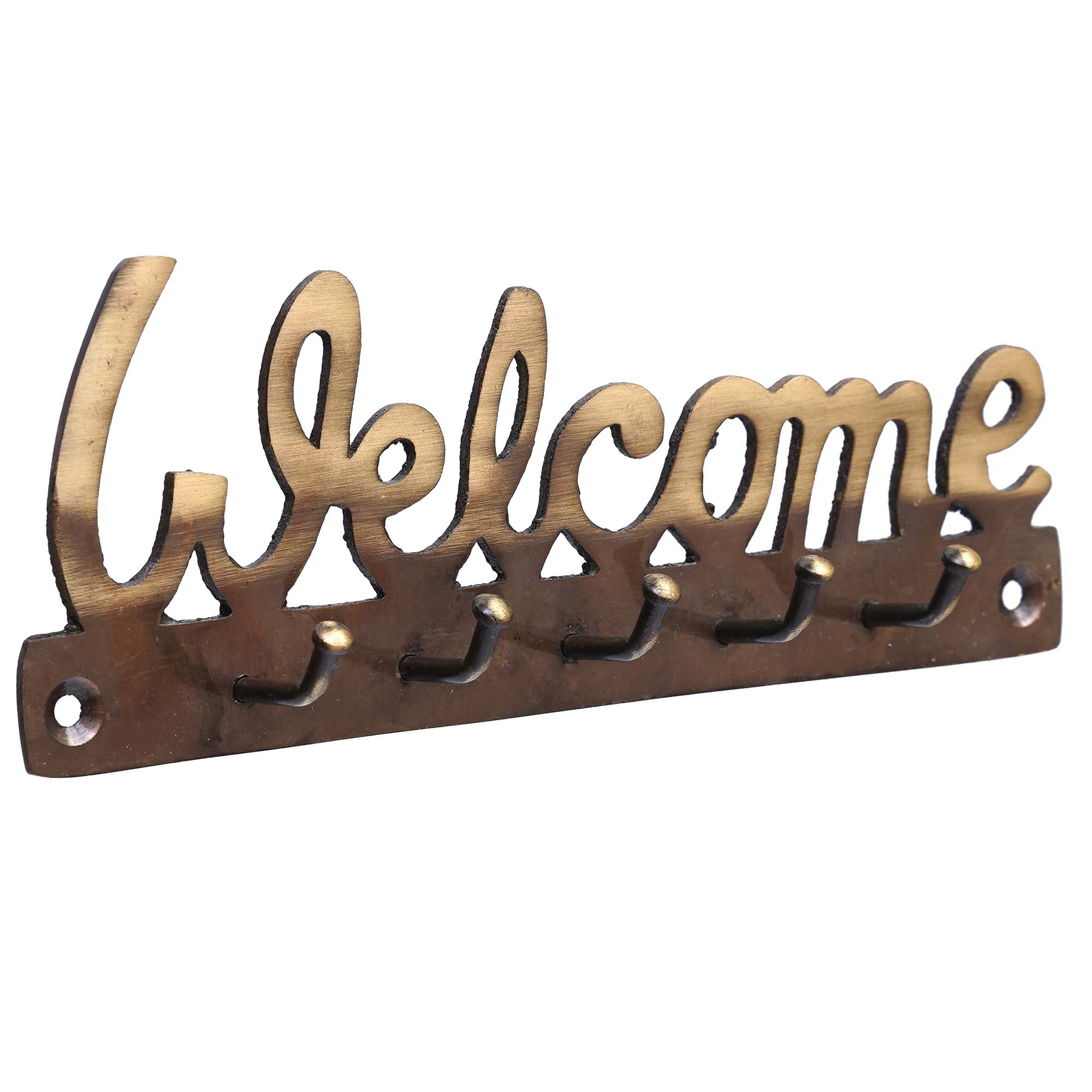 Golden Brass "Welcome" Designer Key Holder with 5 Hooks for Home and Office 4