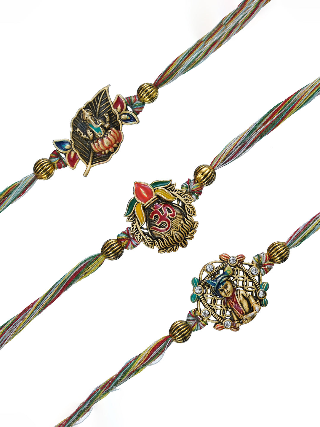 Set of 3 Lord Ganesha, Krishna, Om Designer Rakhis for Brother, Bhabhi, Kids with Roli Chawal Pack 2