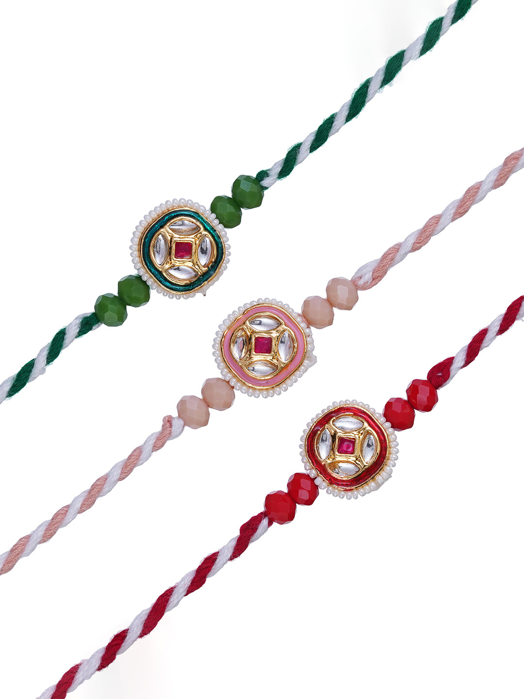 Set of 3 Green, Pink & Red Kundan Designer Rakhis for Brother, Bhabhi, Kids with Roli Chawal Pack 2