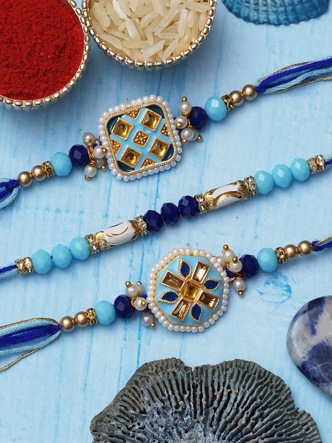 Set of 3 Blue Designer Rakhis for Brother, Bhabhi, Kids with Roli Chawal Pack 1