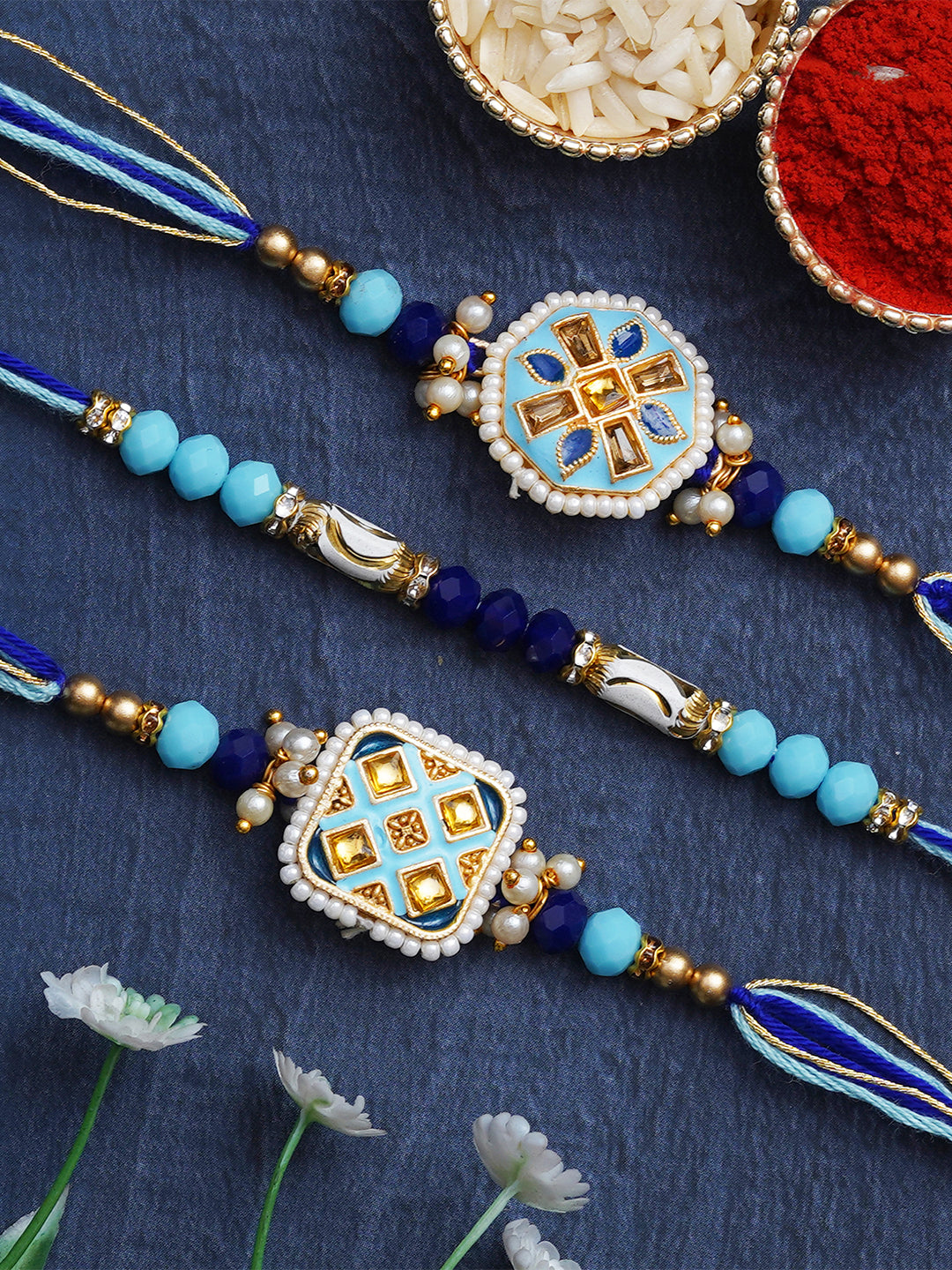 Set of 3 Blue Designer Rakhis for Brother, Bhabhi, Kids with Roli Chawal Pack