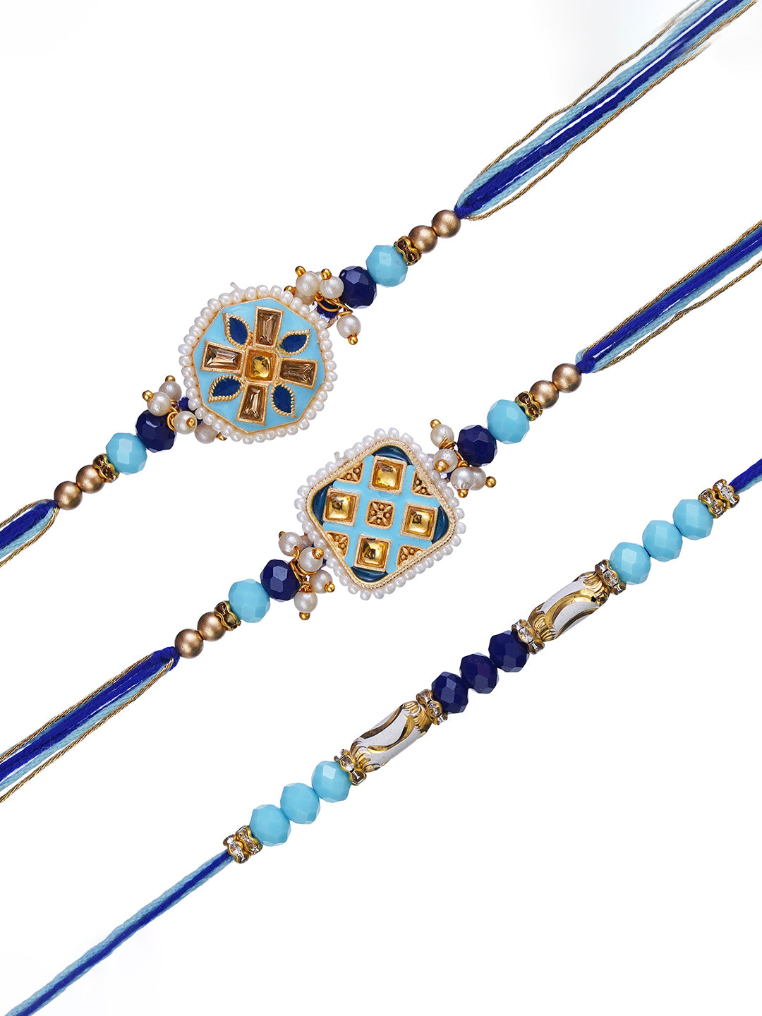 Set of 3 Blue Designer Rakhis for Brother, Bhabhi, Kids with Roli Chawal Pack 2