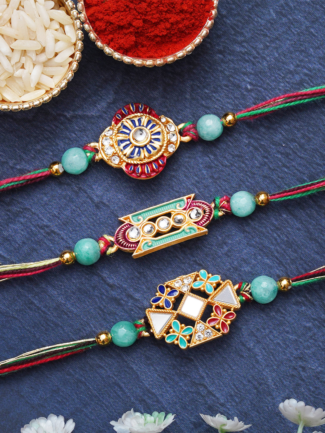 Set of 3 Beautiful Designer Rakhis for Brother, Bhabhi, Kids with Roli Chawal Pack 1