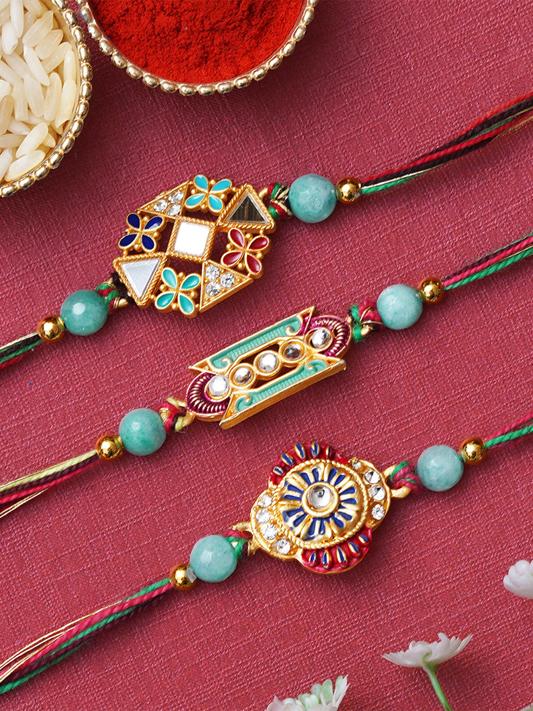 Set of 3 Beautiful Designer Rakhis for Brother, Bhabhi, Kids with Roli Chawal Pack