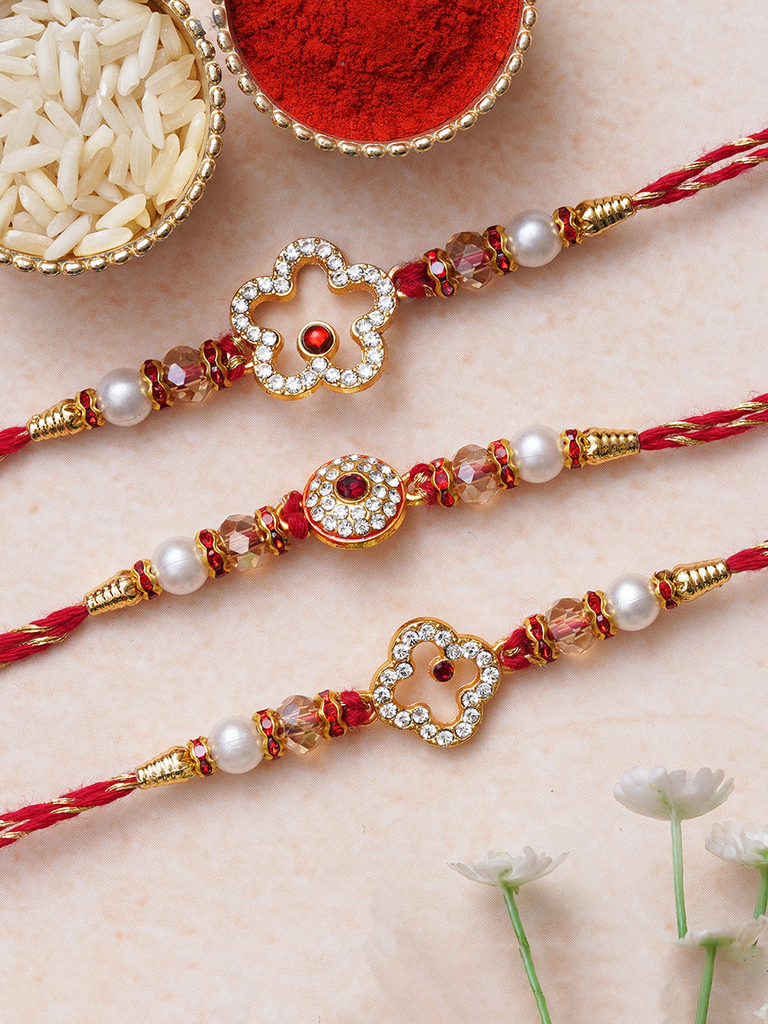 Set of 3 White & Red Diamonds Pearls Designer Rakhis for Brother, Bhabhi, Kids with Roli Chawal Pack 1