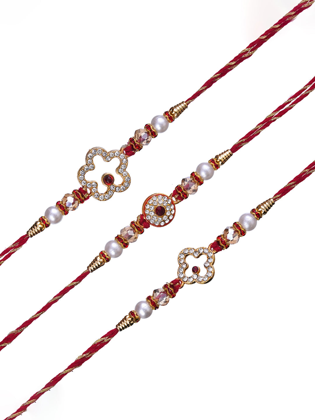 Set of 3 White & Red Diamonds Pearls Designer Rakhis for Brother, Bhabhi, Kids with Roli Chawal Pack 2