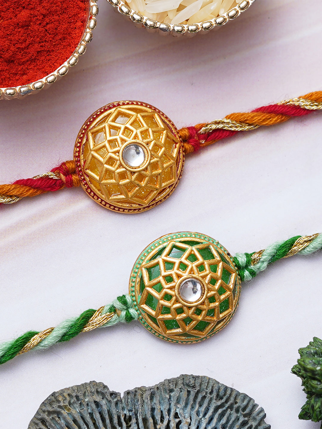 Set of 2 Green & Yellow Flowers Designer Rakhis for Brother, Bhabhi, Kids with Roli Chawal Pack 1