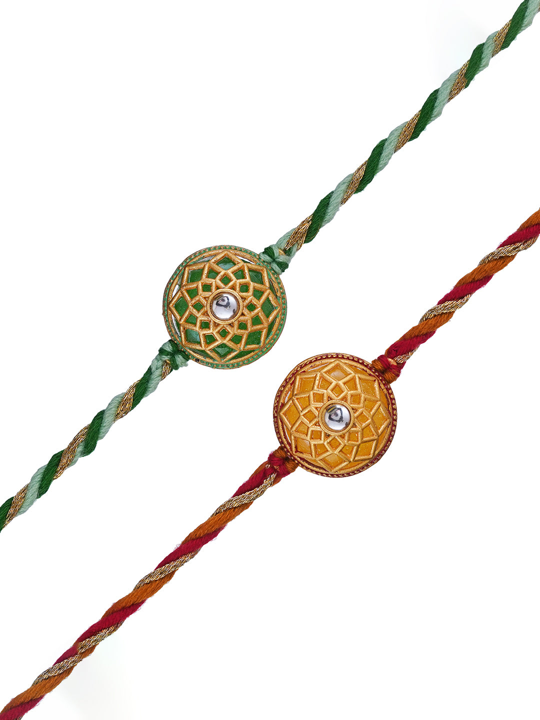 Set of 2 Green & Yellow Flowers Designer Rakhis for Brother, Bhabhi, Kids with Roli Chawal Pack 2