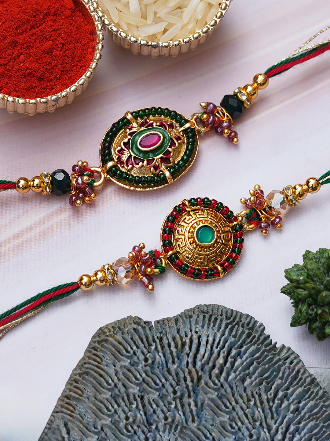 Set of 2 Beautiful Designer Rakhis for Brother, Bhabhi, Kids with Roli Chawal Pack 1