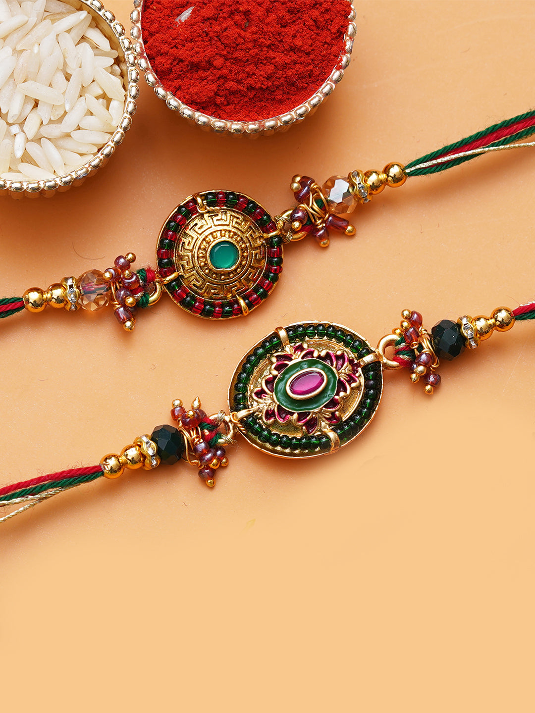 Set of 2 Beautiful Designer Rakhis for Brother, Bhabhi, Kids with Roli Chawal Pack