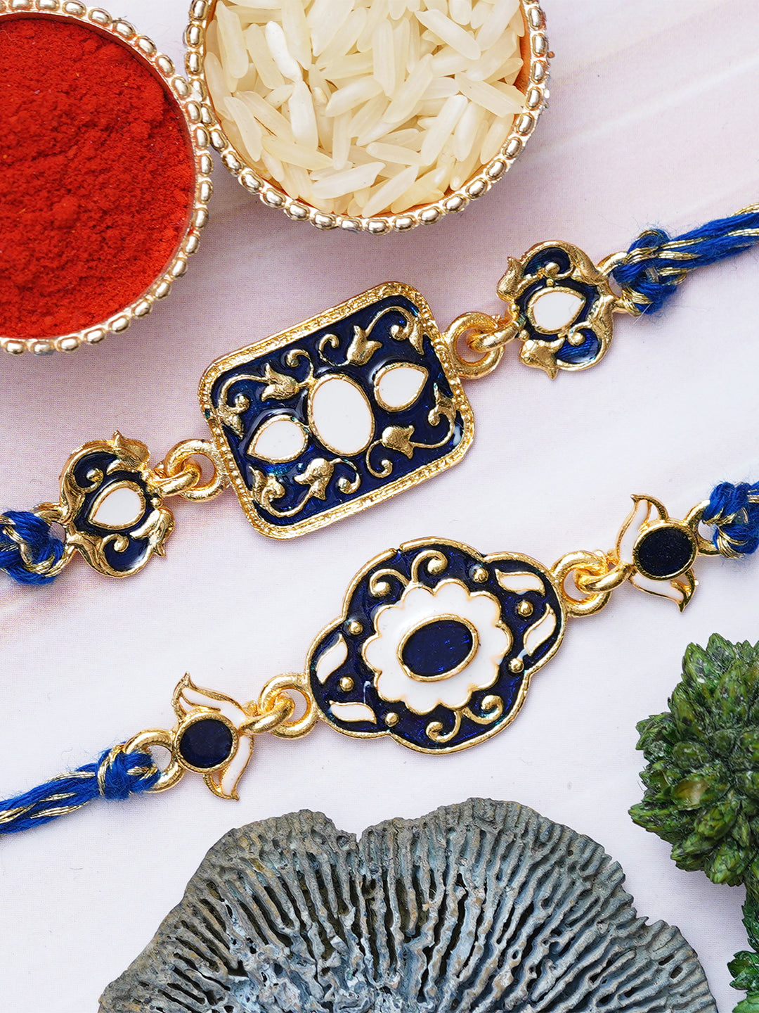 Set of 2 Blue & Golden Designer Rakhis for Brother, Bhabhi, Kids with Roli Chawal Pack 1