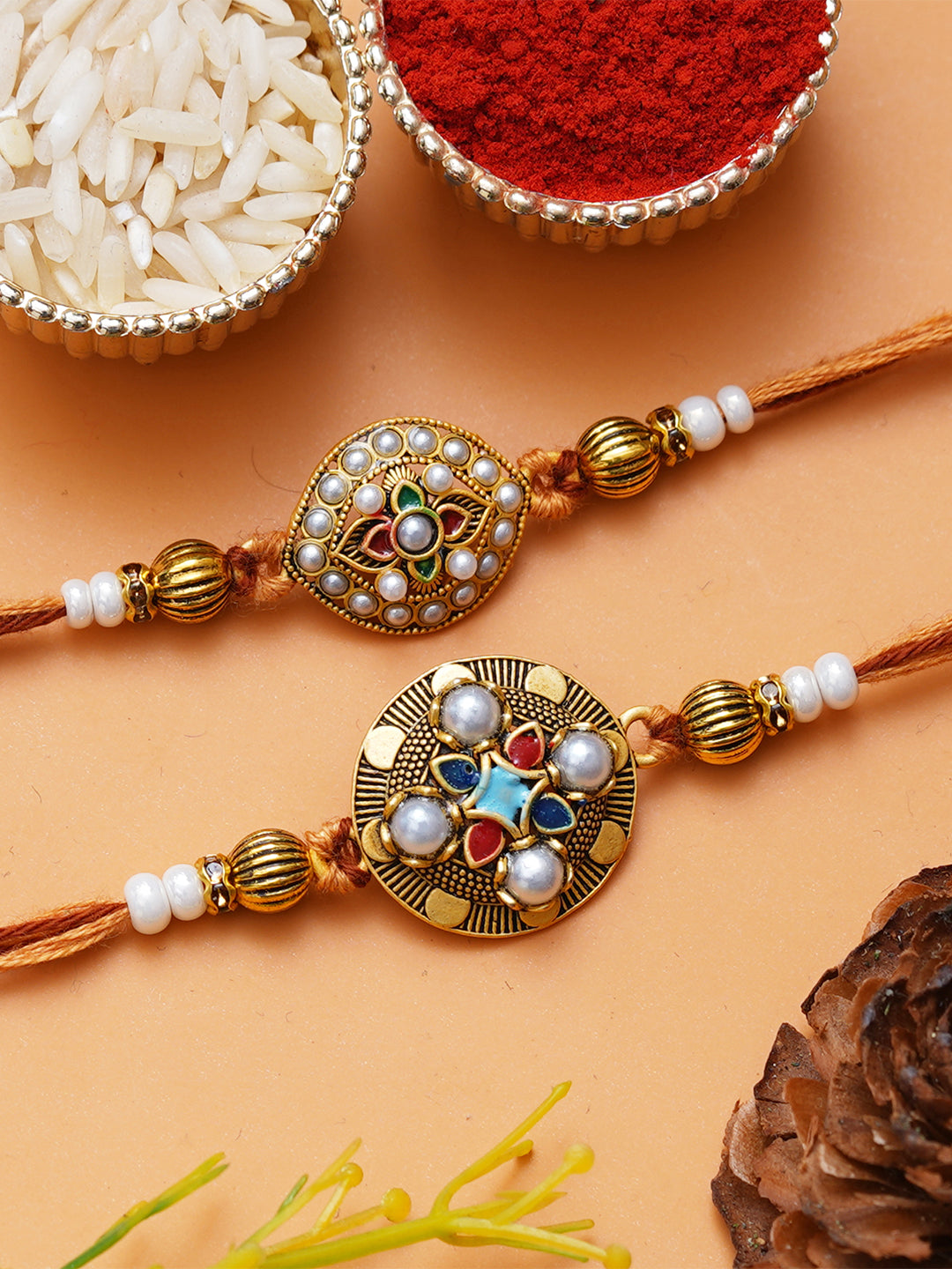 Set of 2 Floral Pearls Designer Rakhis for Brother, Bhabhi, Kids with Roli Chawal Pack 1