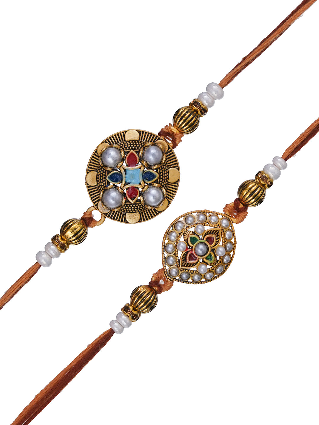 Set of 2 Floral Pearls Designer Rakhis for Brother, Bhabhi, Kids with Roli Chawal Pack 2