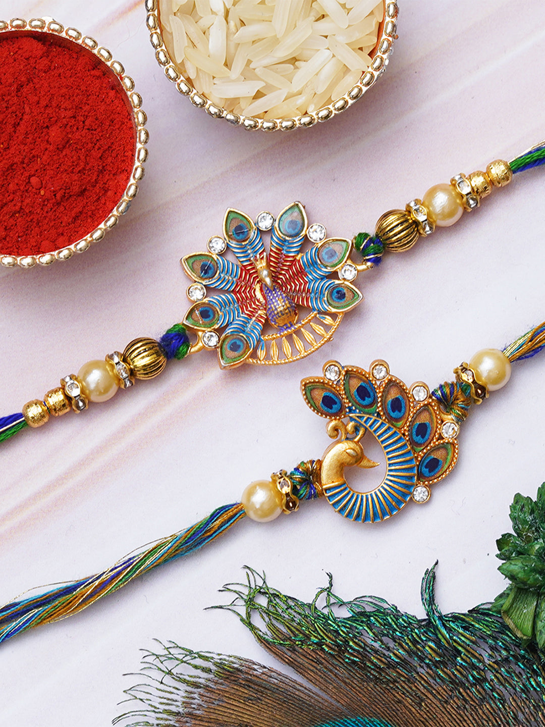 Set of 2 Multicolor Peacock Designer Rakhis for Brother, Bhabhi, Kids with Roli Chawal Pack 1