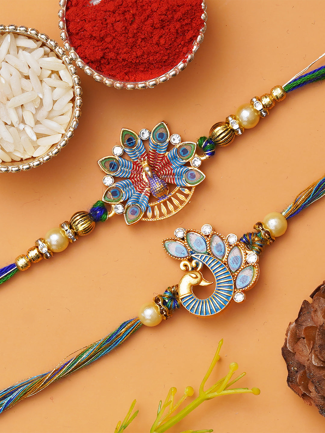 Set of 2 Multicolor Peacock Designer Rakhis for Brother, Bhabhi, Kids with Roli Chawal Pack