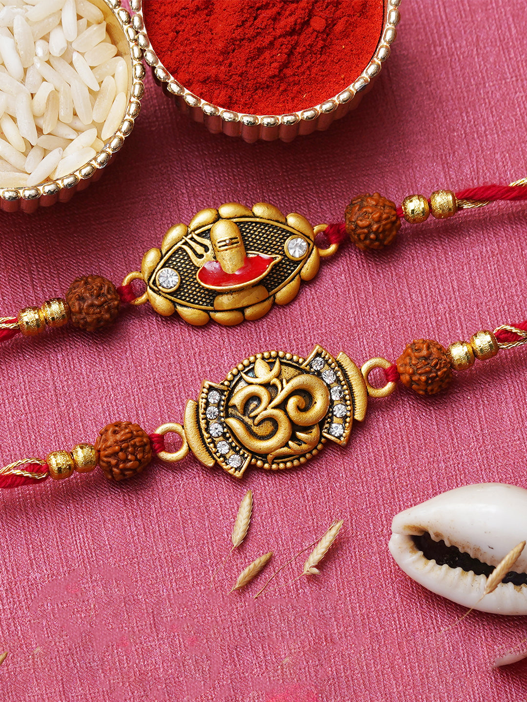 Set of 2 Shivalinga Trishul, Om Symbol Rakhis for Brother, Bhabhi, Kids with Roli Chawal Pack 1